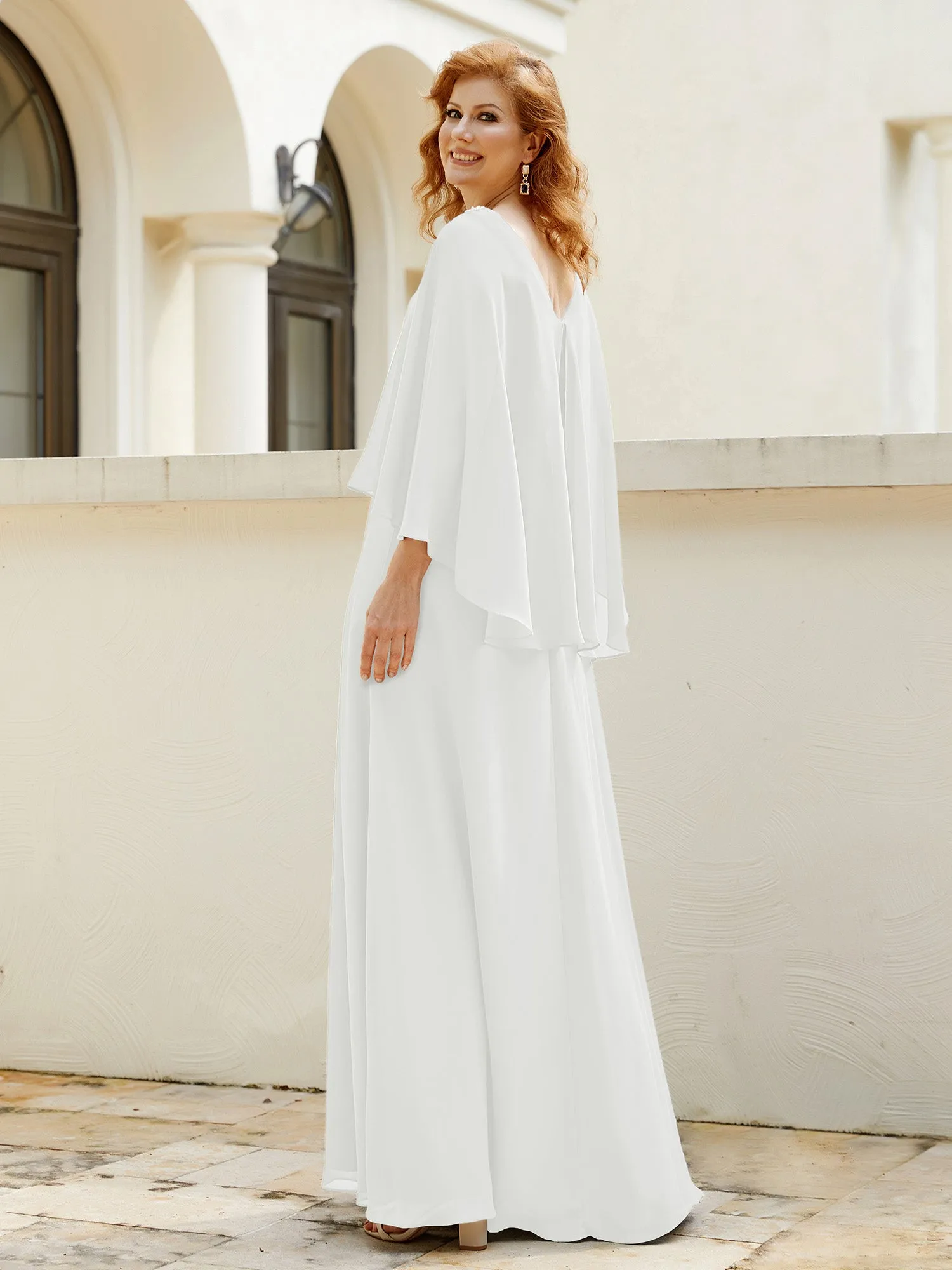 A-Line Flutter Cape Sleeves Dress with Beaded V-neck-Ivory