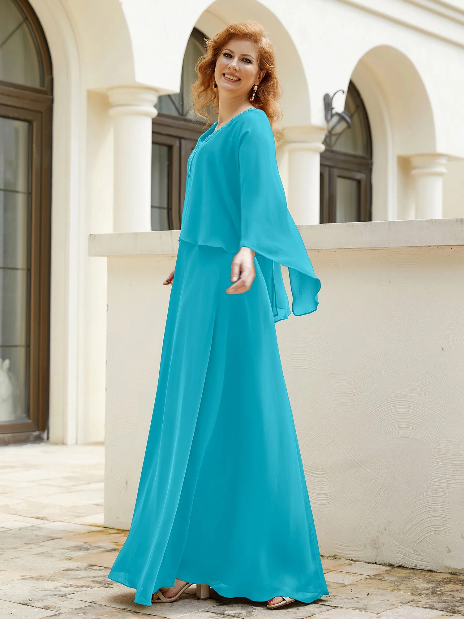 A-Line Flutter Cape Sleeves Dress with Beaded V-neck-Jade