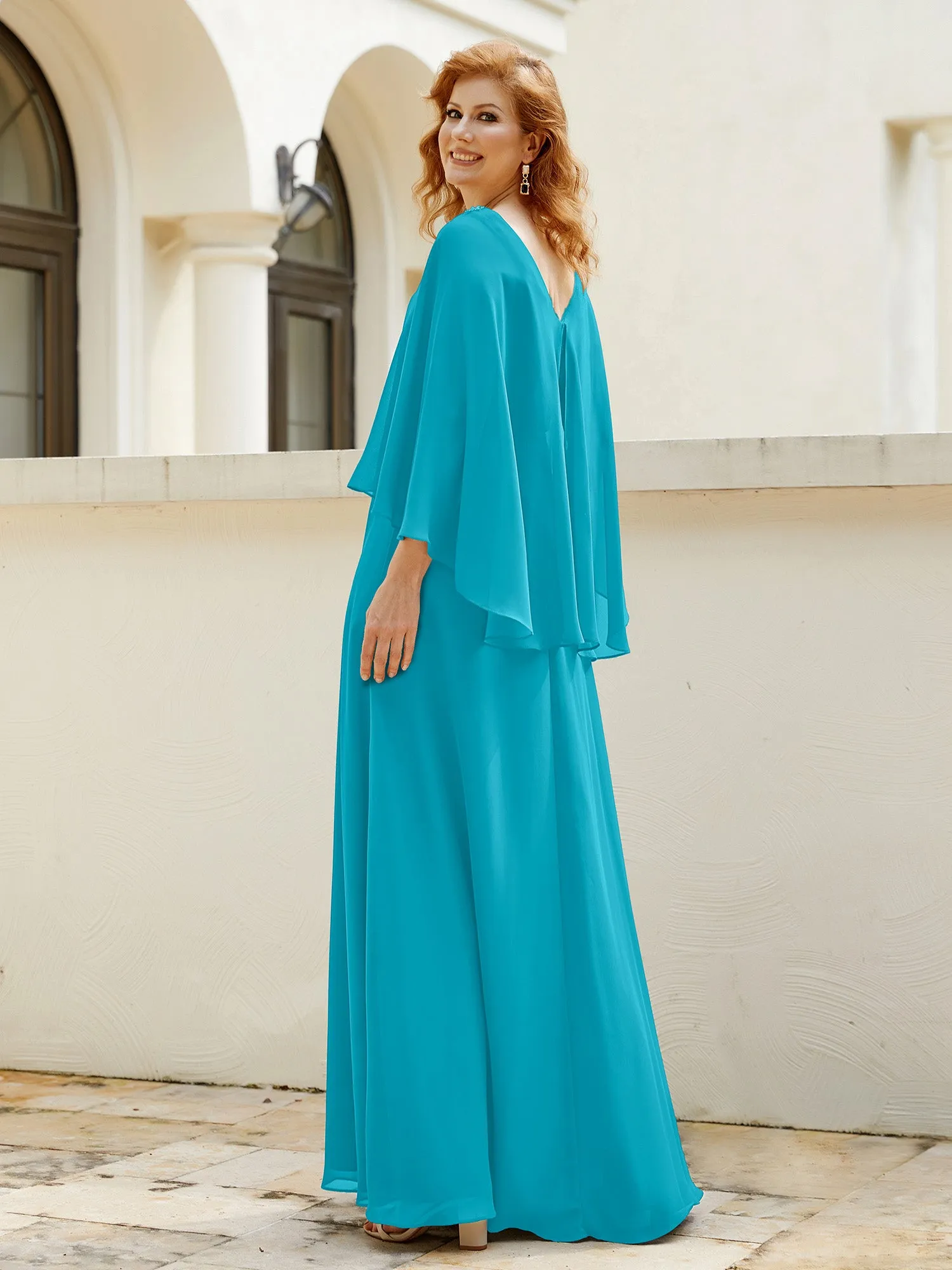 A-Line Flutter Cape Sleeves Dress with Beaded V-neck-Jade