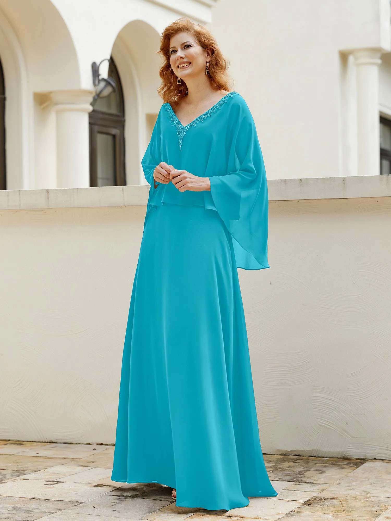 A-Line Flutter Cape Sleeves Dress with Beaded V-neck-Jade