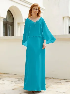 A-Line Flutter Cape Sleeves Dress with Beaded V-neck-Jade