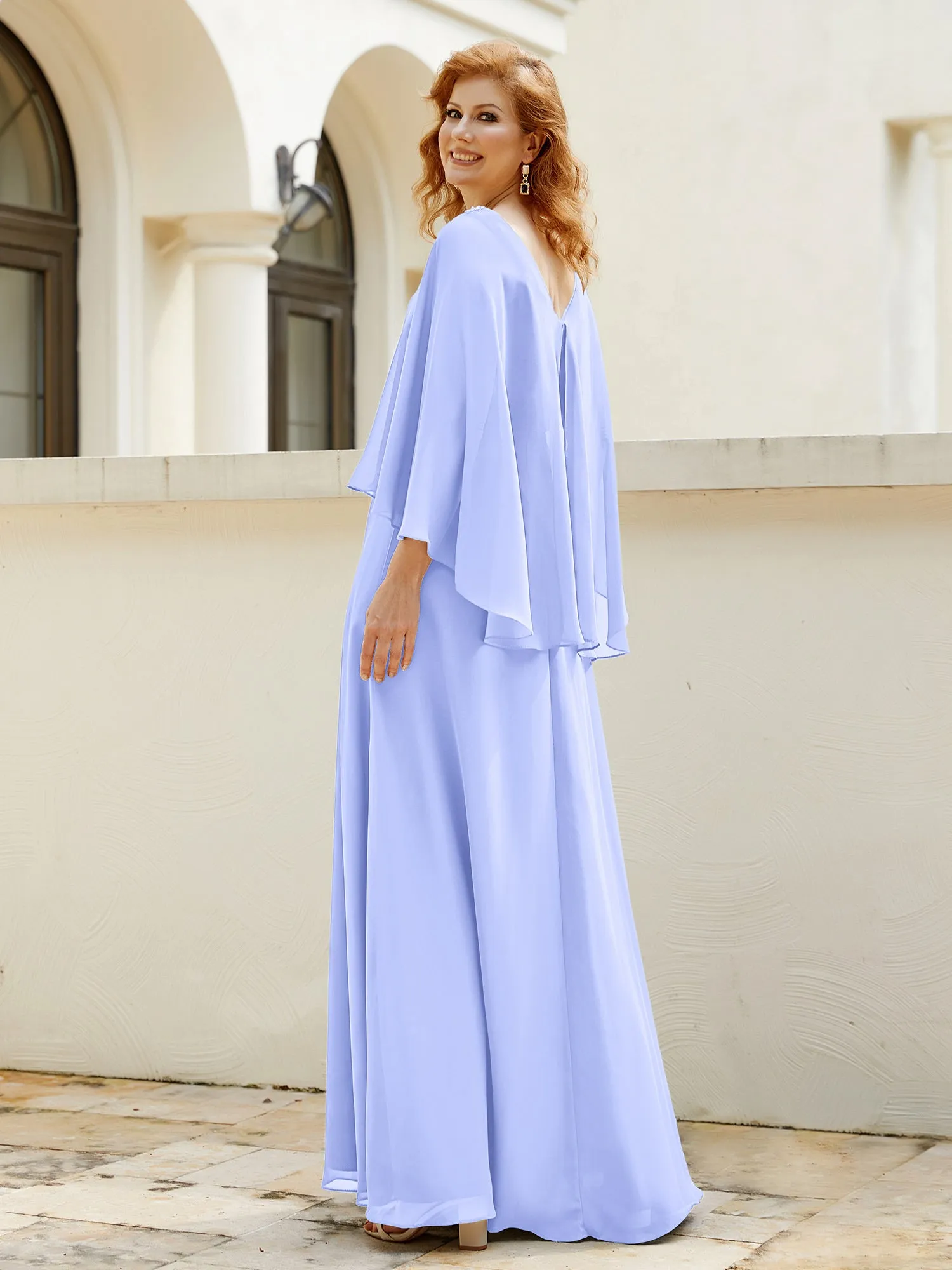 A-Line Flutter Cape Sleeves Dress with Beaded V-neck-Lavender