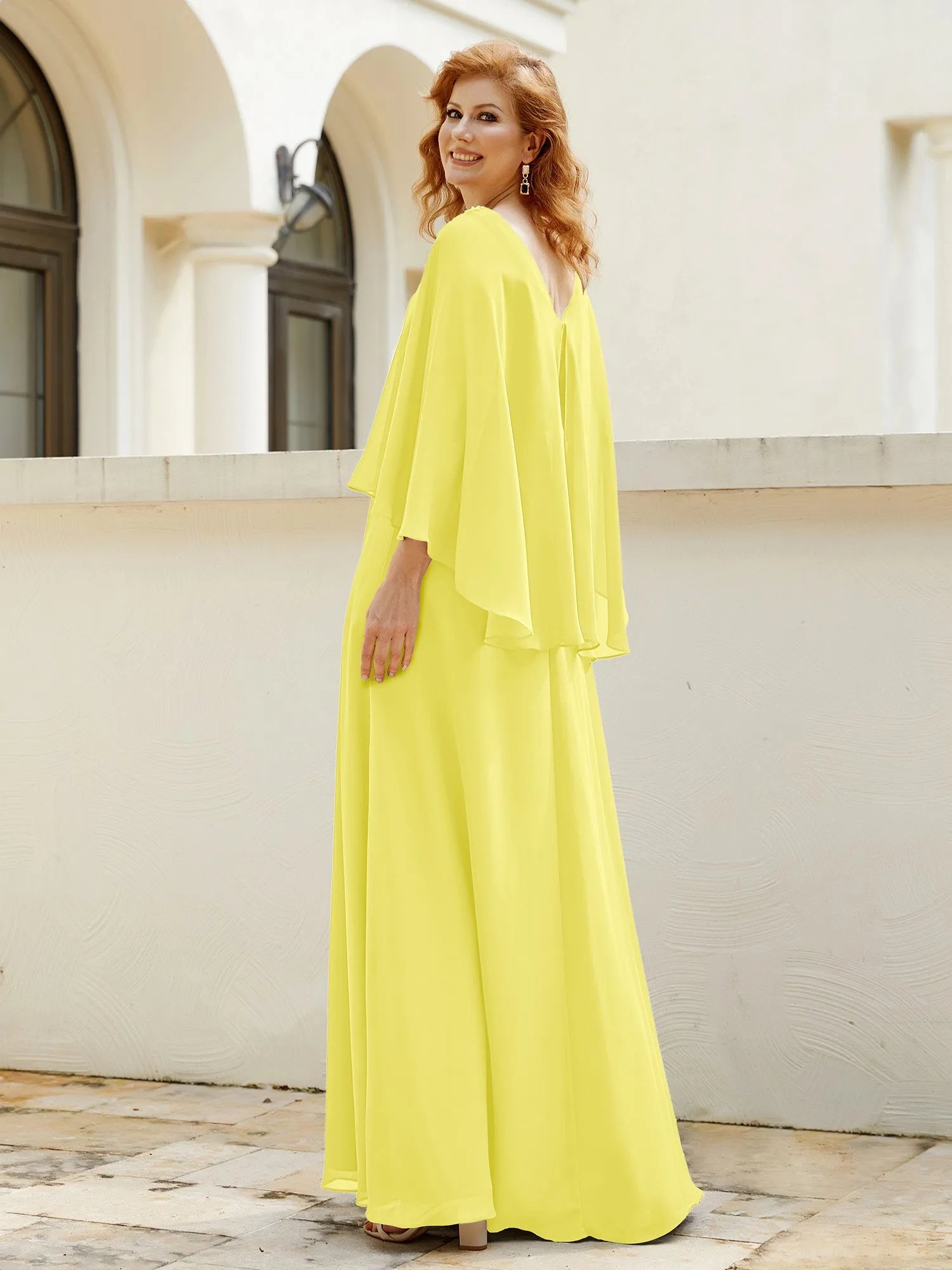 A-Line Flutter Cape Sleeves Dress with Beaded V-neck-Lemon