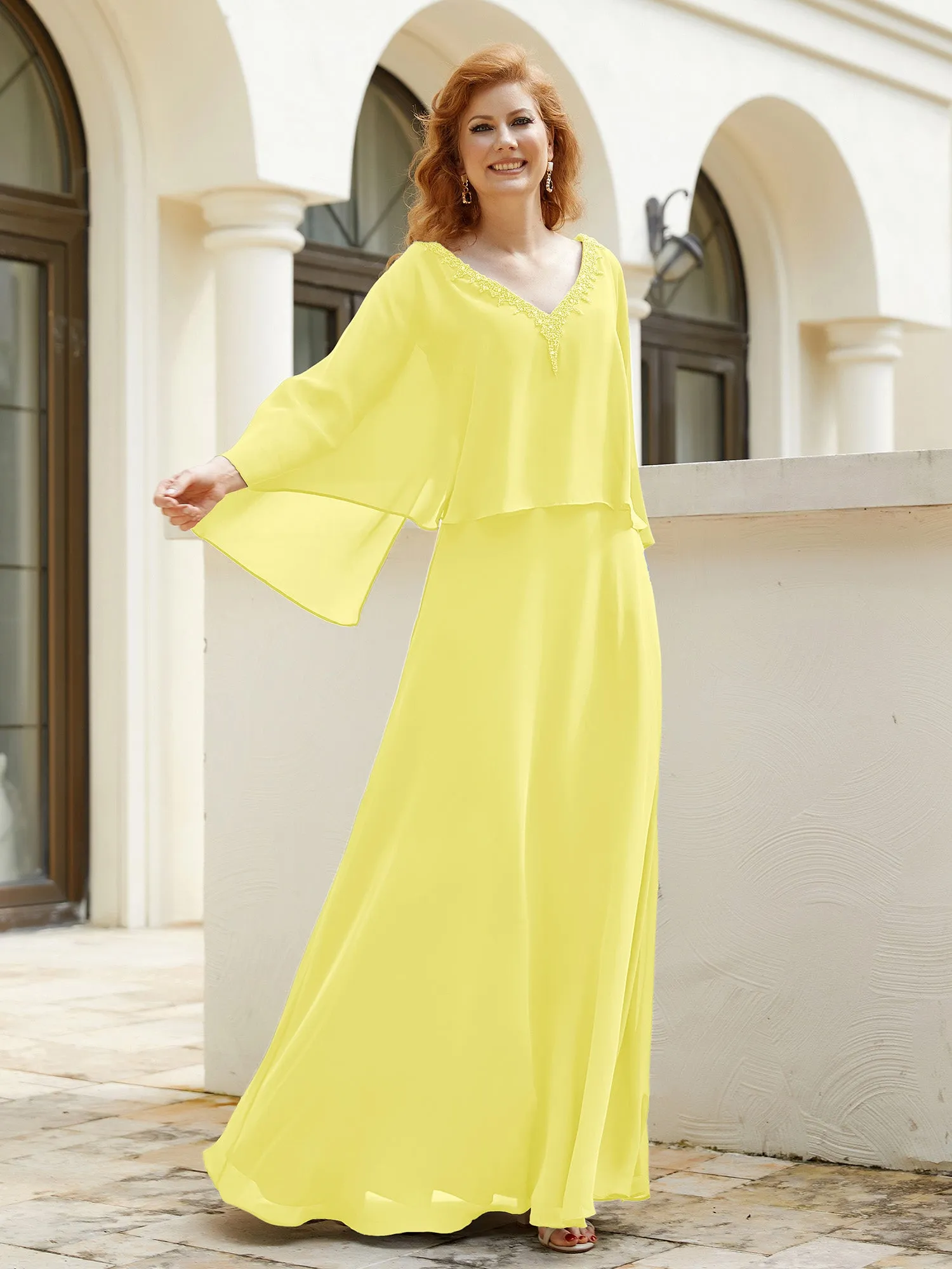A-Line Flutter Cape Sleeves Dress with Beaded V-neck-Lemon