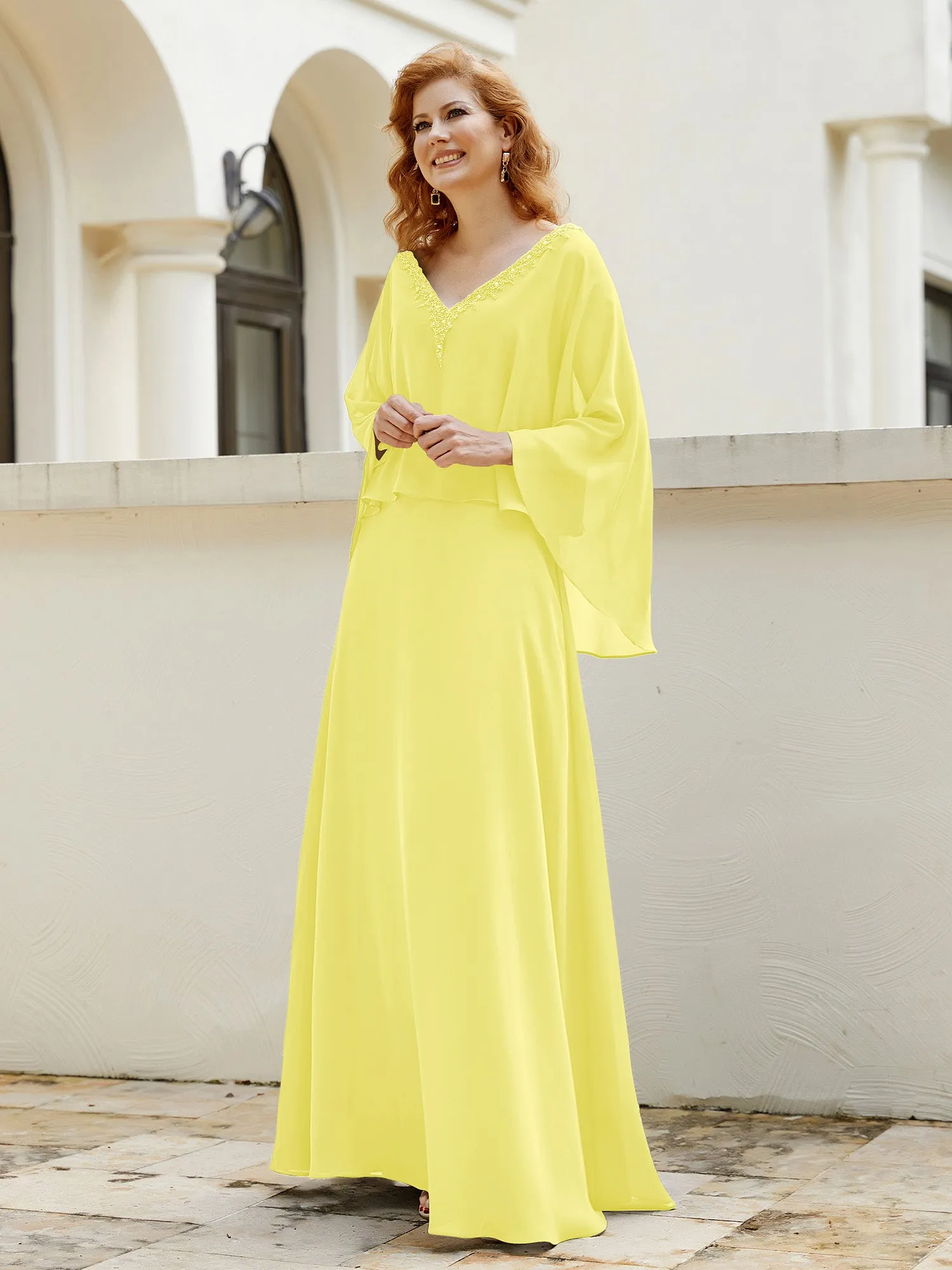 A-Line Flutter Cape Sleeves Dress with Beaded V-neck-Lemon