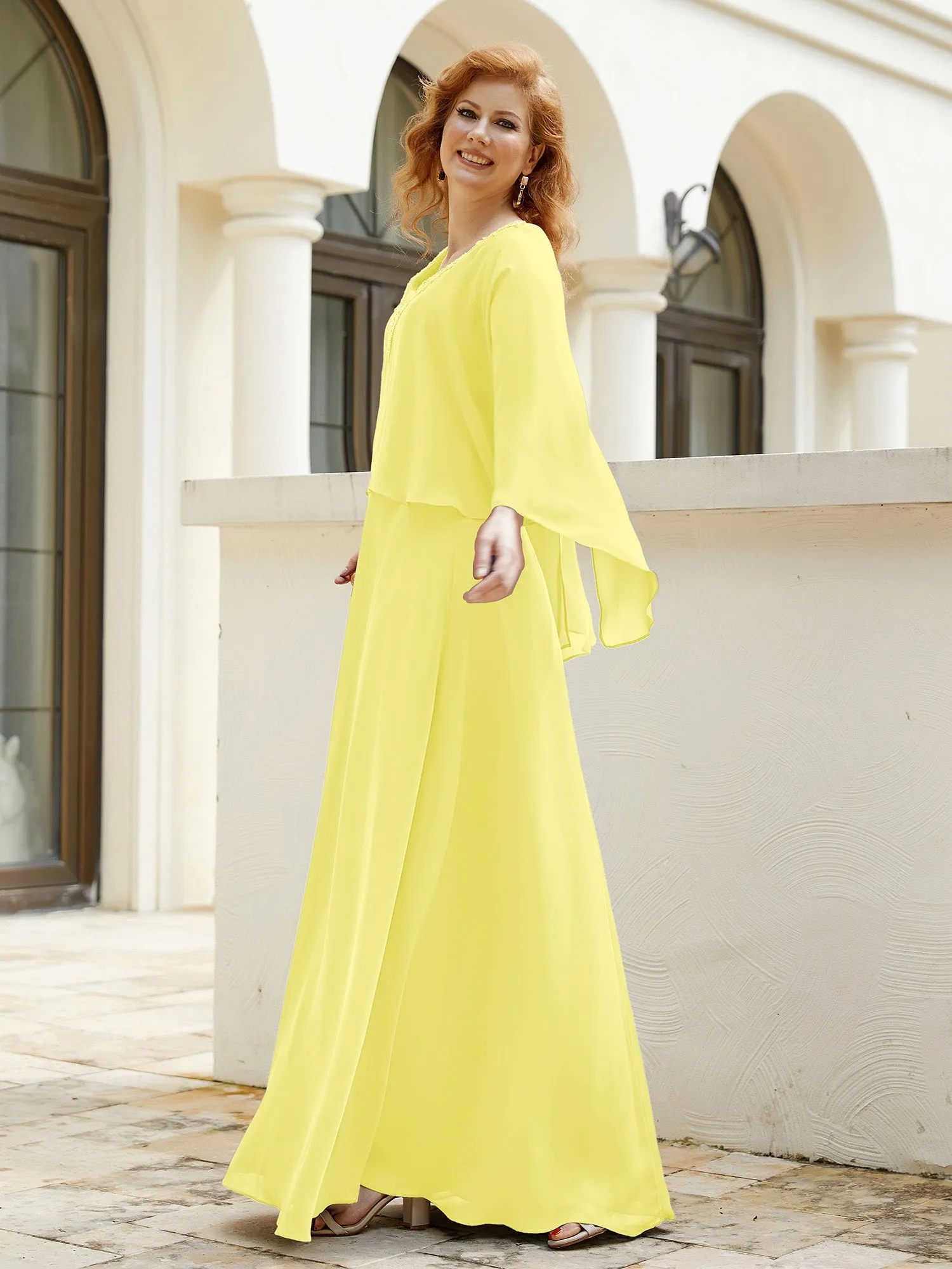 A-Line Flutter Cape Sleeves Dress with Beaded V-neck-Lemon