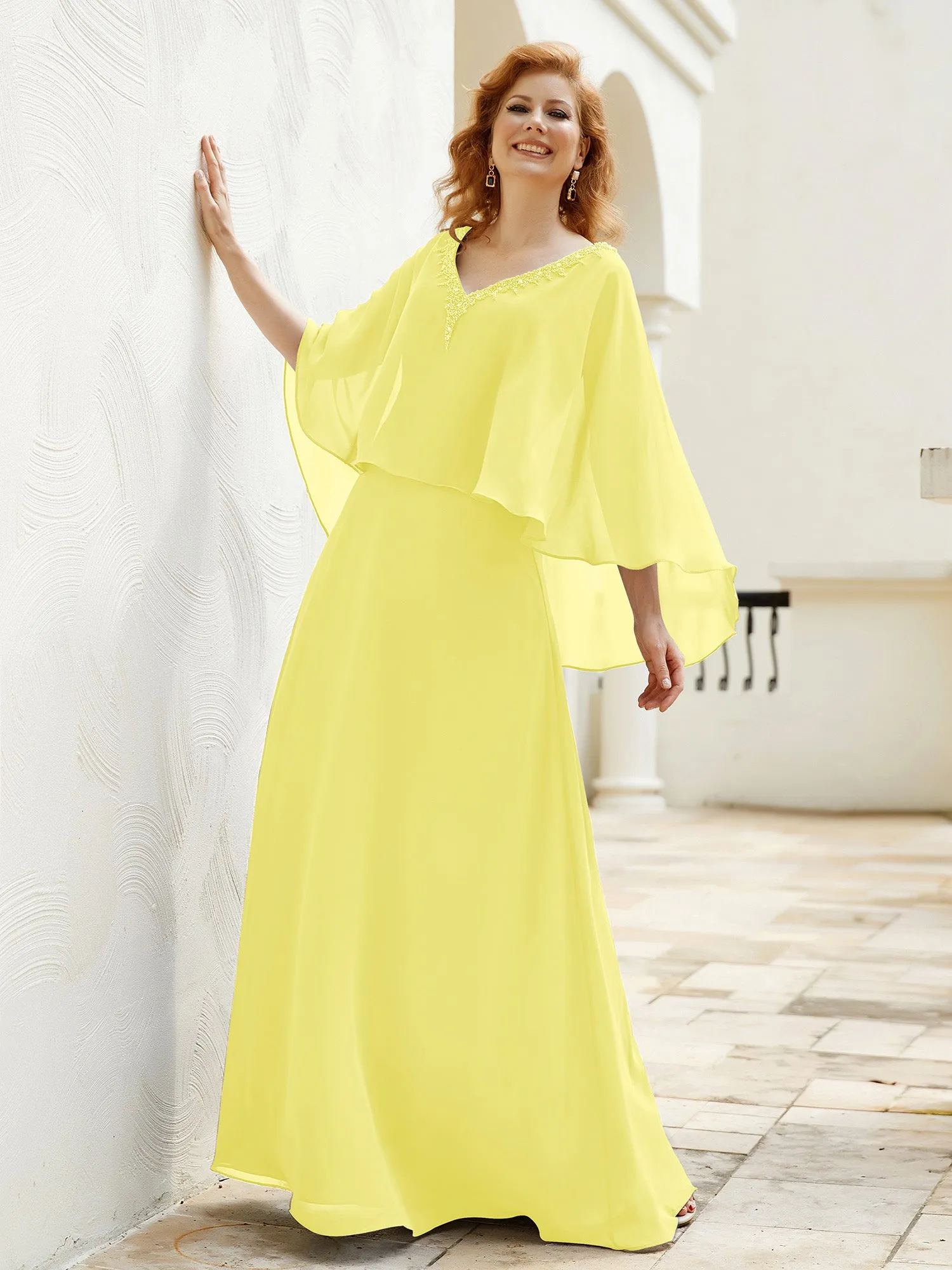 A-Line Flutter Cape Sleeves Dress with Beaded V-neck-Lemon