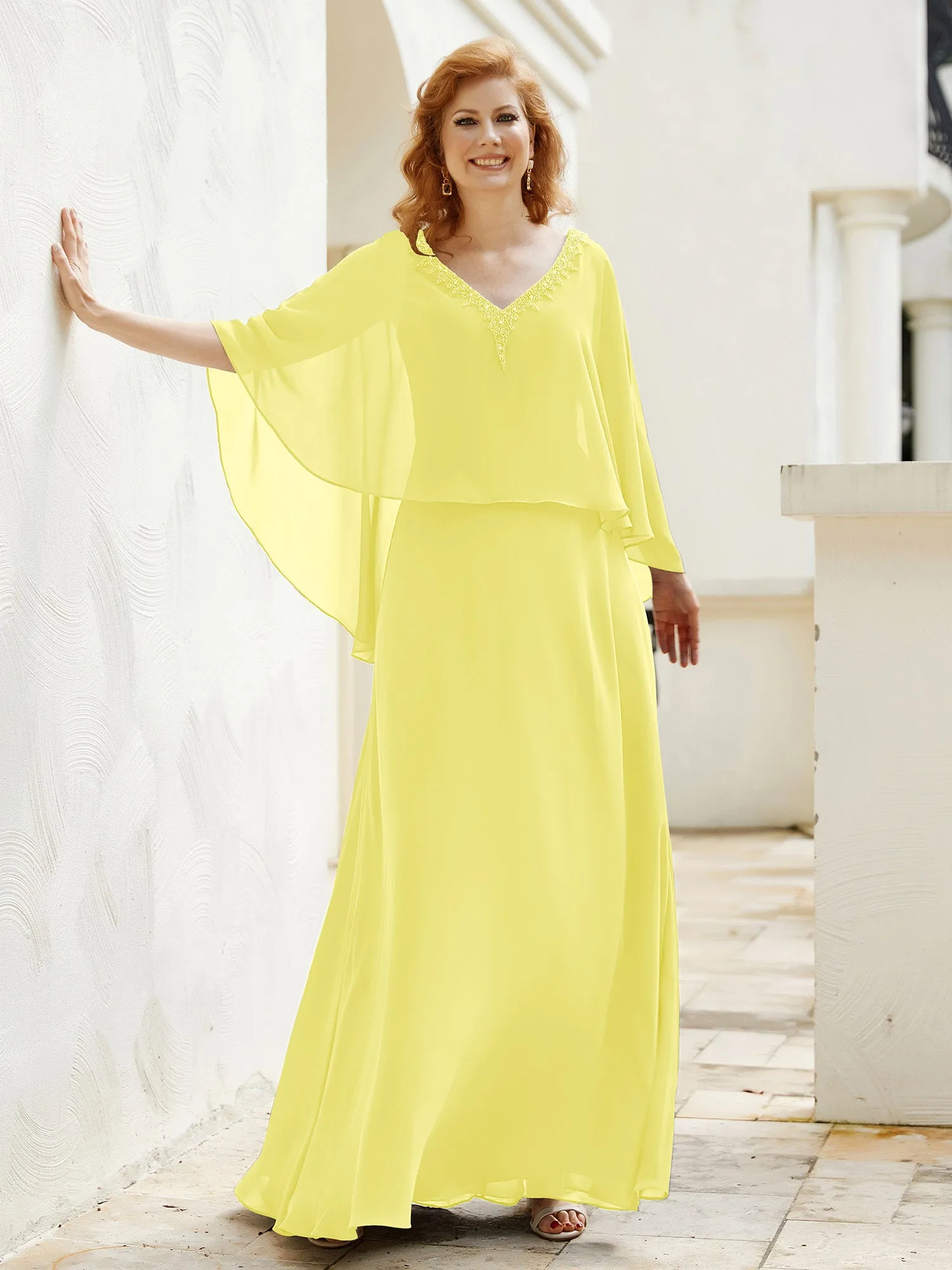 A-Line Flutter Cape Sleeves Dress with Beaded V-neck-Lemon