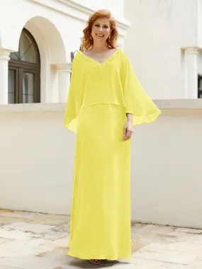 A-Line Flutter Cape Sleeves Dress with Beaded V-neck-Lemon