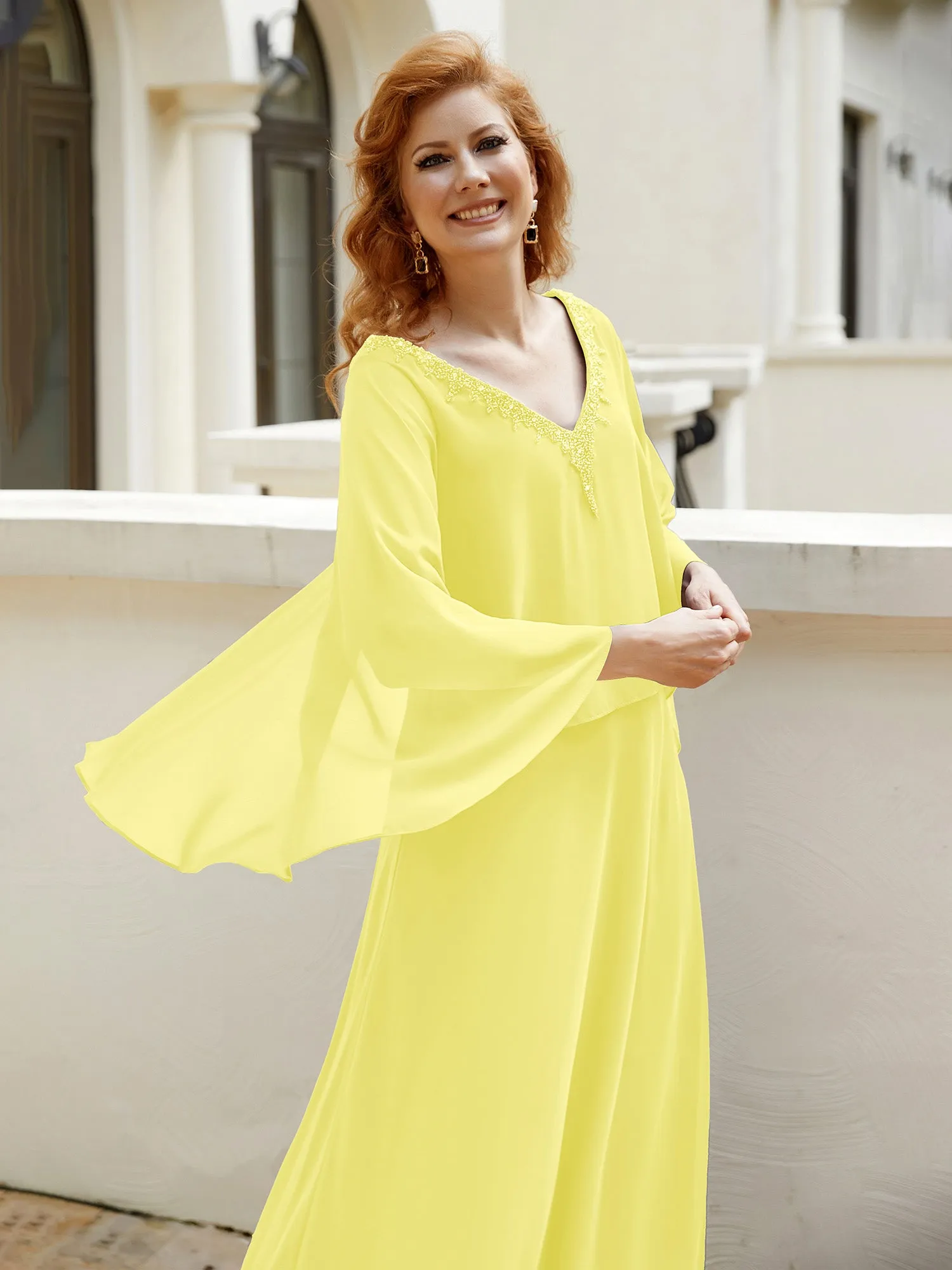 A-Line Flutter Cape Sleeves Dress with Beaded V-neck-Lemon
