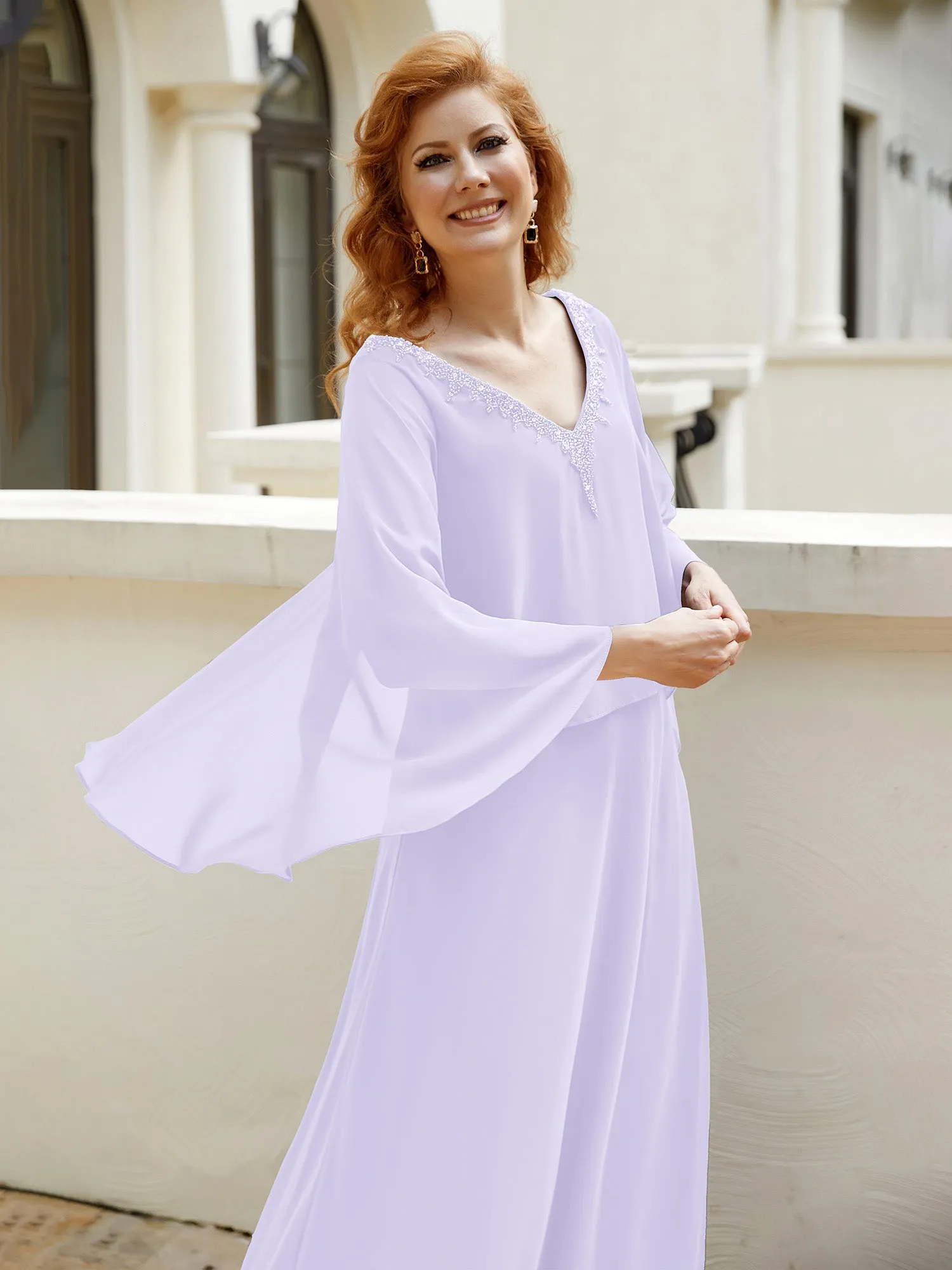 A-Line Flutter Cape Sleeves Dress with Beaded V-neck-Lilac
