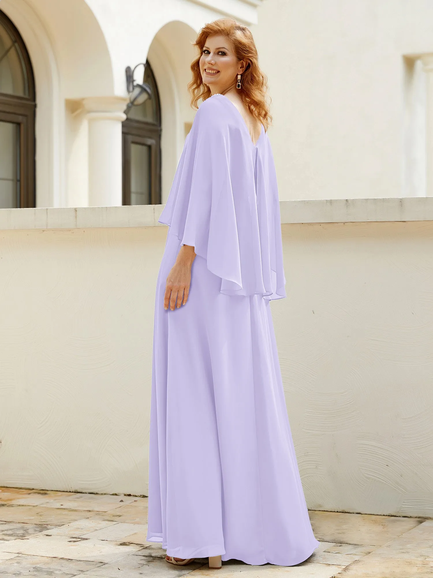 A-Line Flutter Cape Sleeves Dress with Beaded V-neck-Lilac