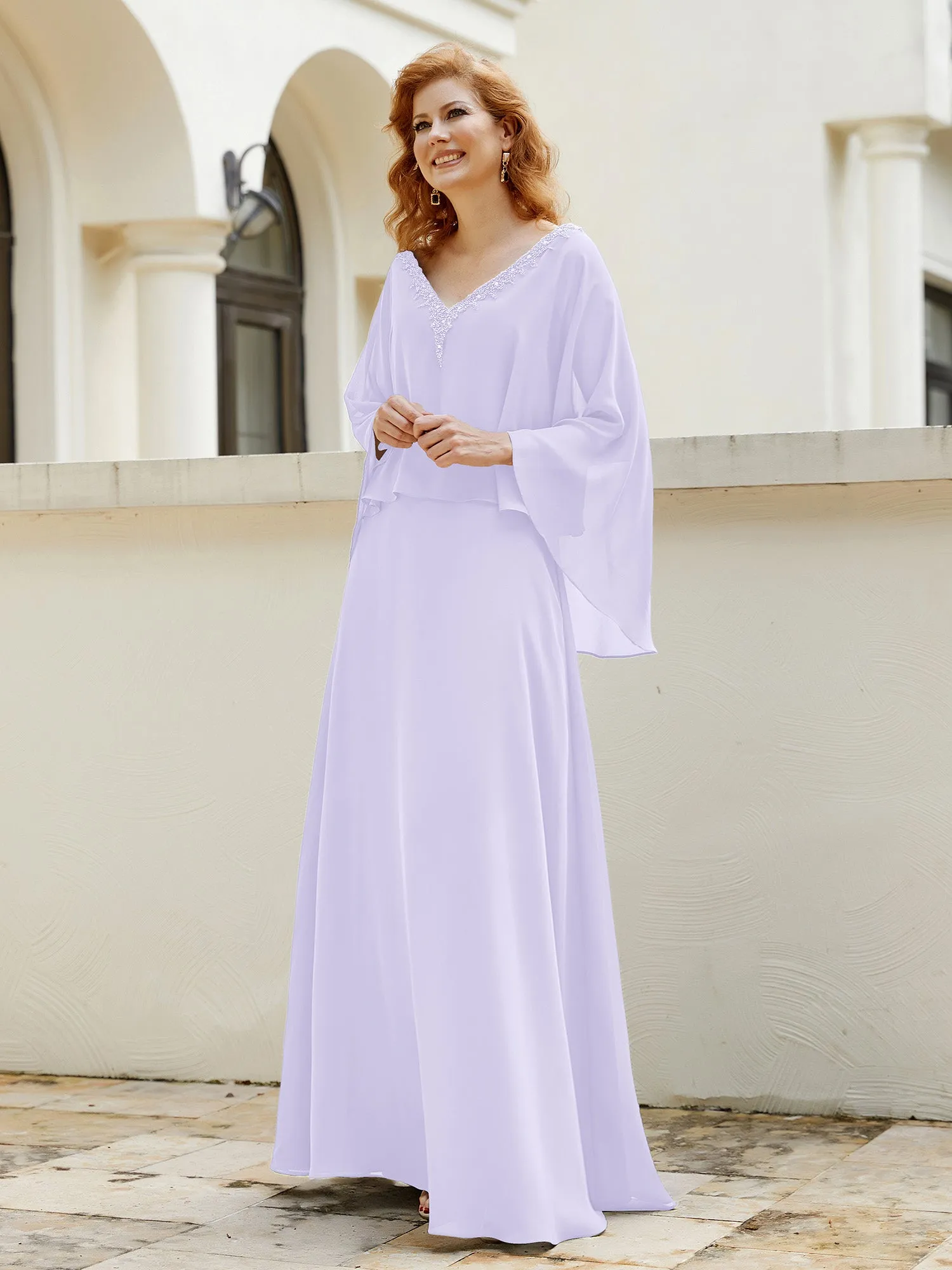 A-Line Flutter Cape Sleeves Dress with Beaded V-neck-Lilac
