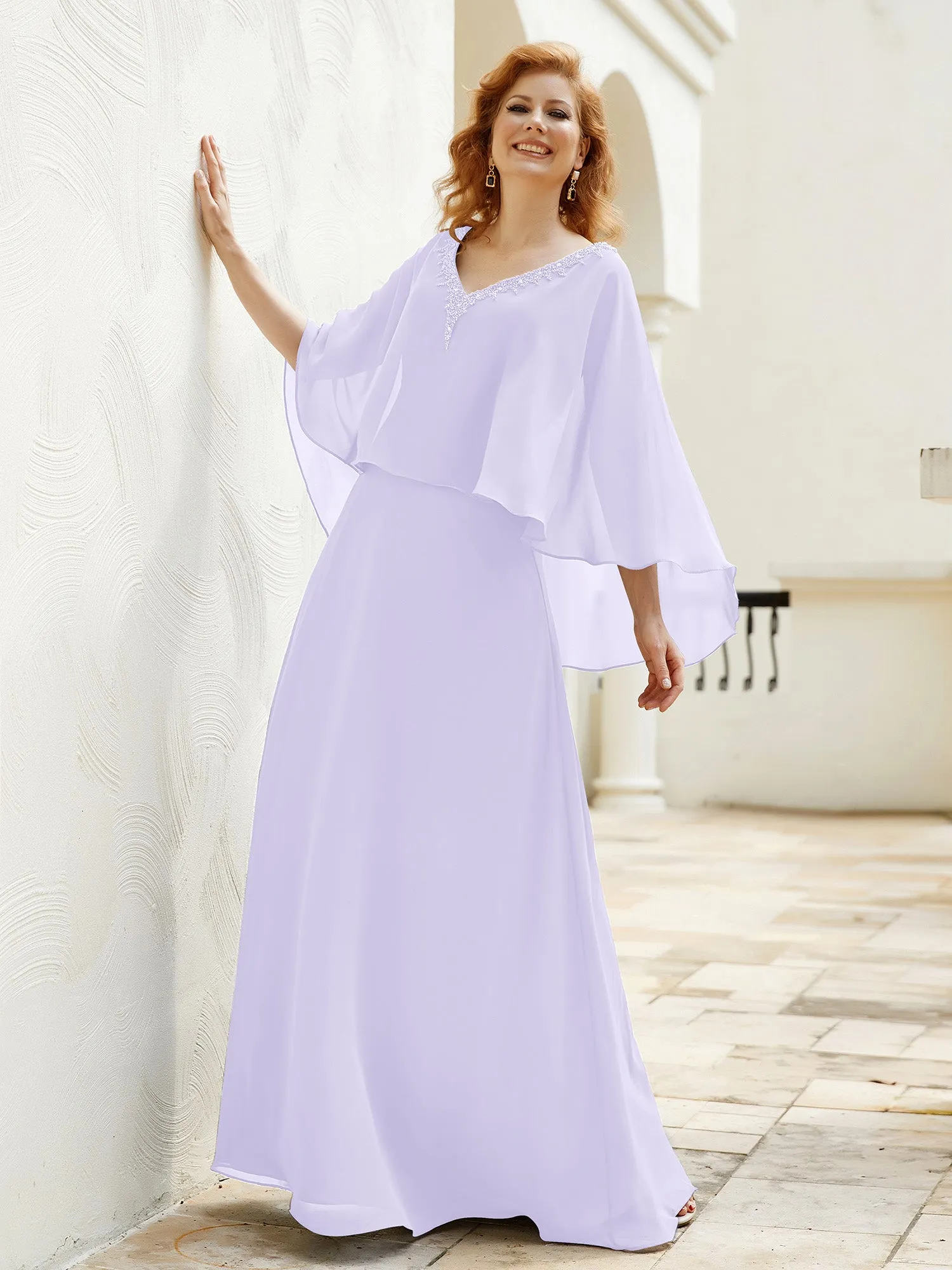 A-Line Flutter Cape Sleeves Dress with Beaded V-neck-Lilac