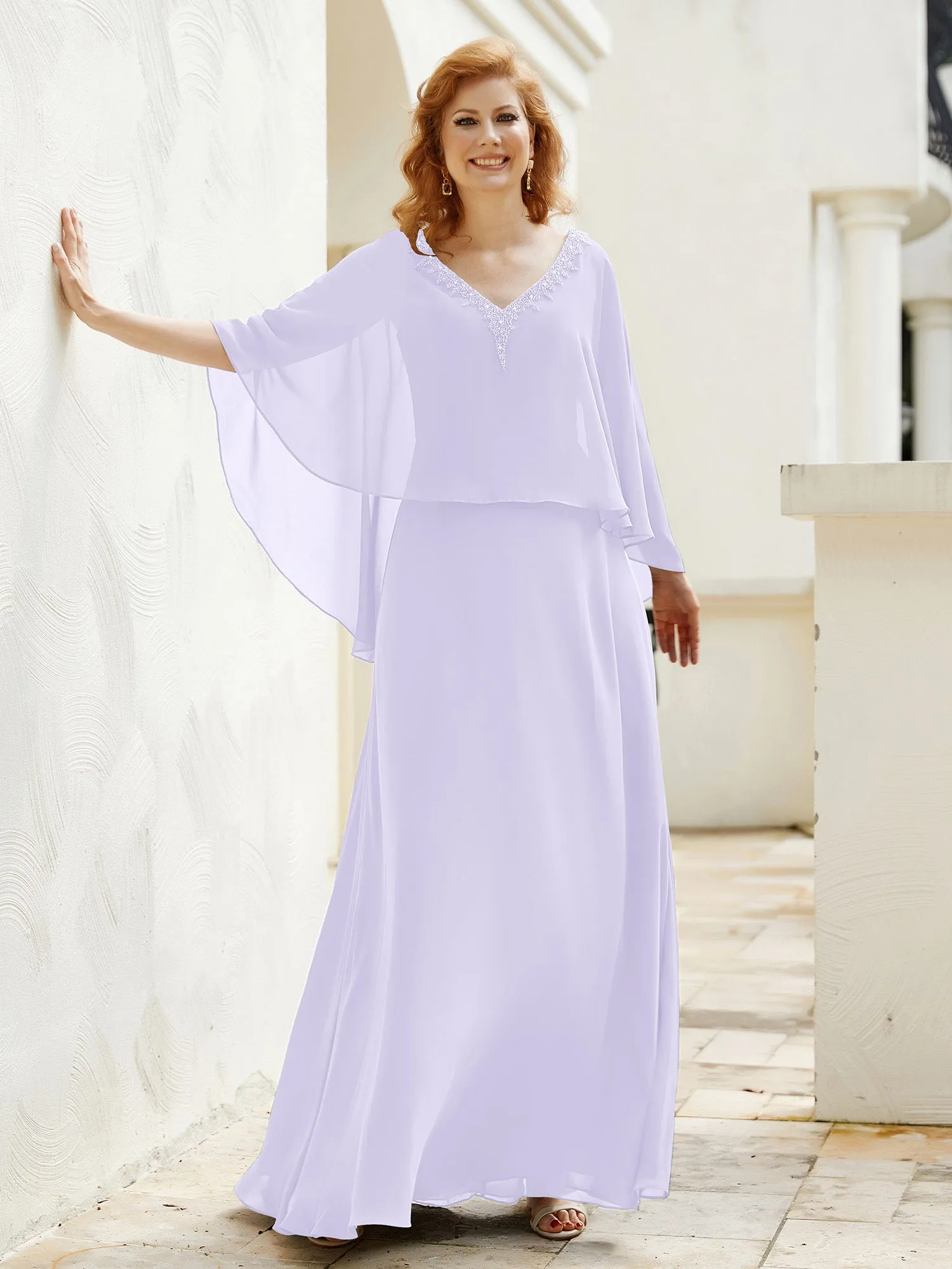 A-Line Flutter Cape Sleeves Dress with Beaded V-neck-Lilac