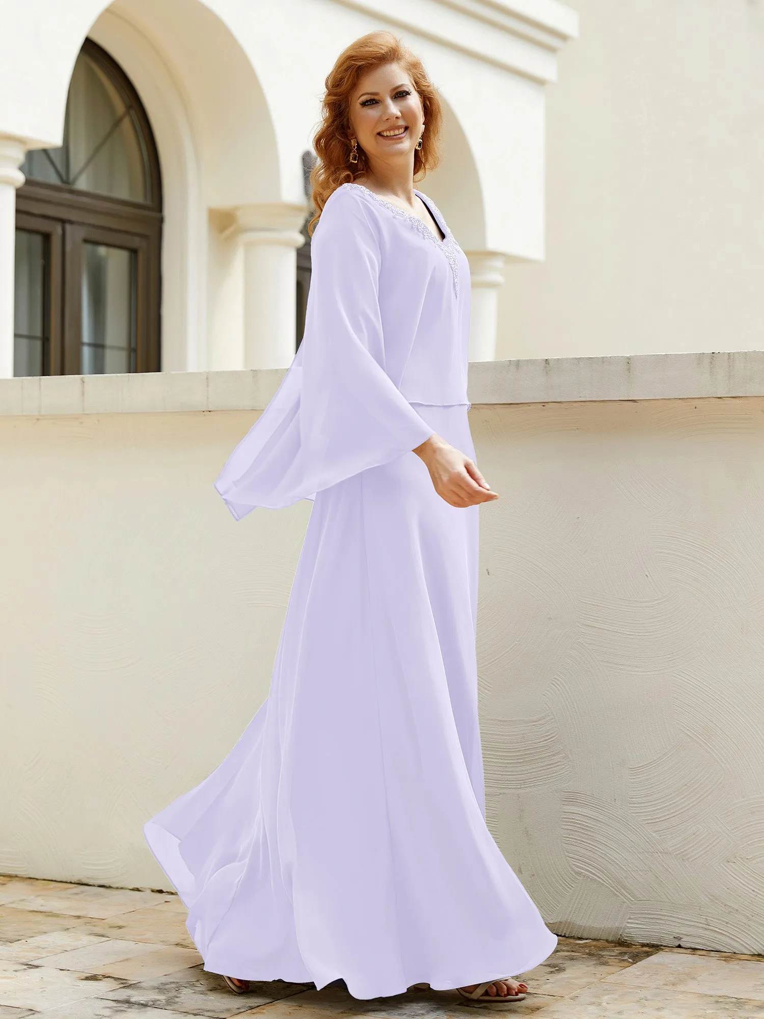 A-Line Flutter Cape Sleeves Dress with Beaded V-neck-Lilac
