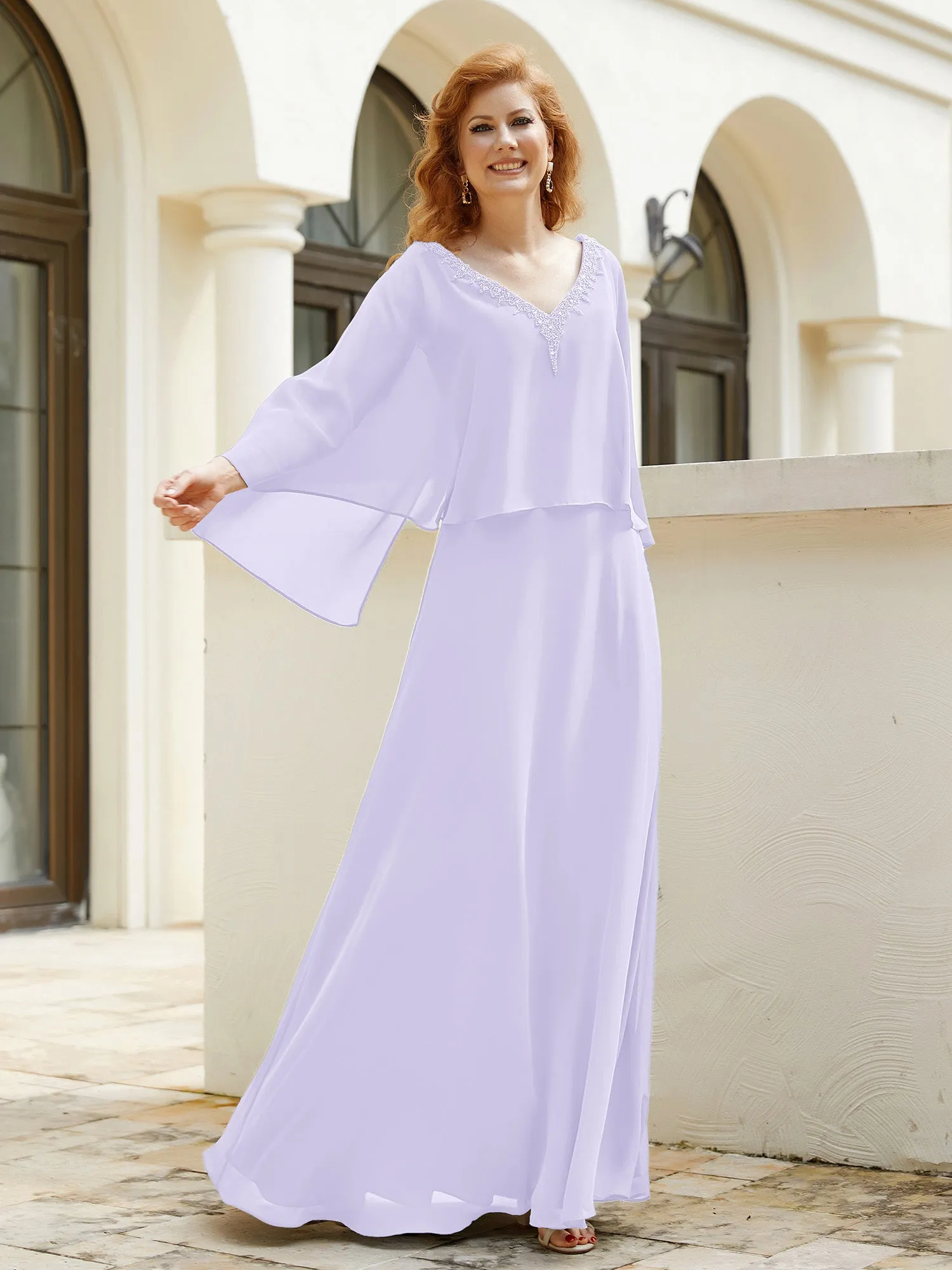 A-Line Flutter Cape Sleeves Dress with Beaded V-neck-Lilac