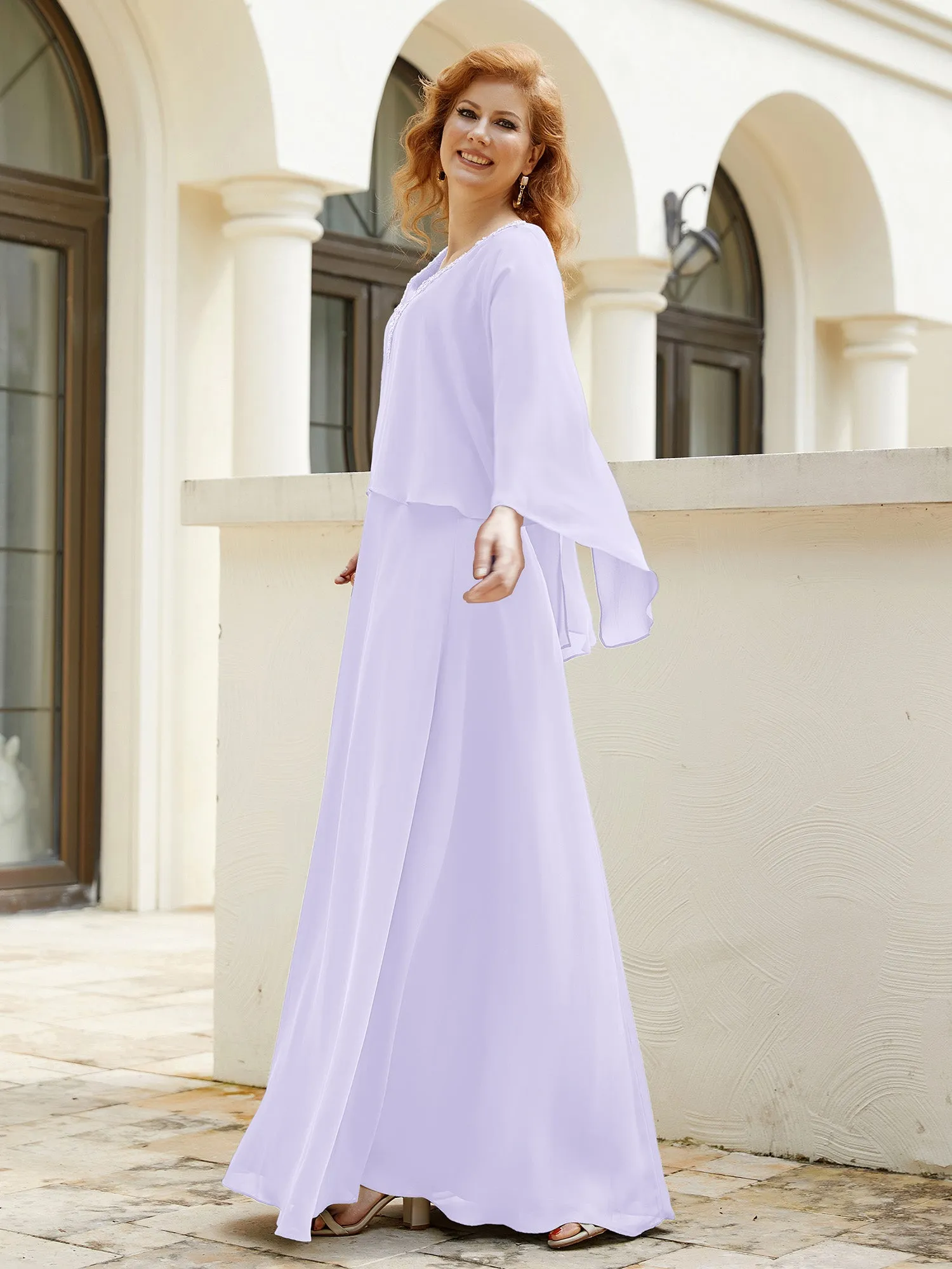 A-Line Flutter Cape Sleeves Dress with Beaded V-neck-Lilac