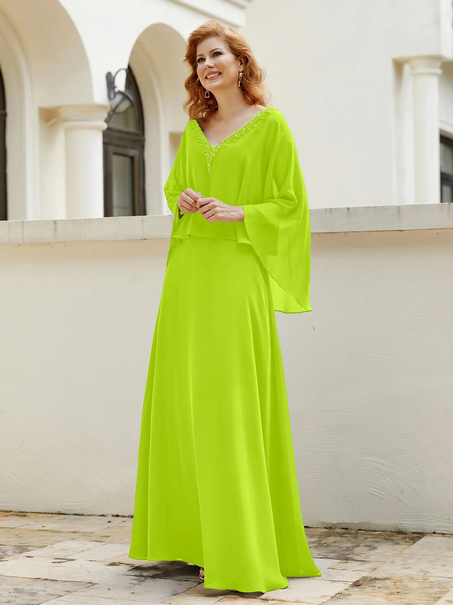 A-Line Flutter Cape Sleeves Dress with Beaded V-neck-Lime Green