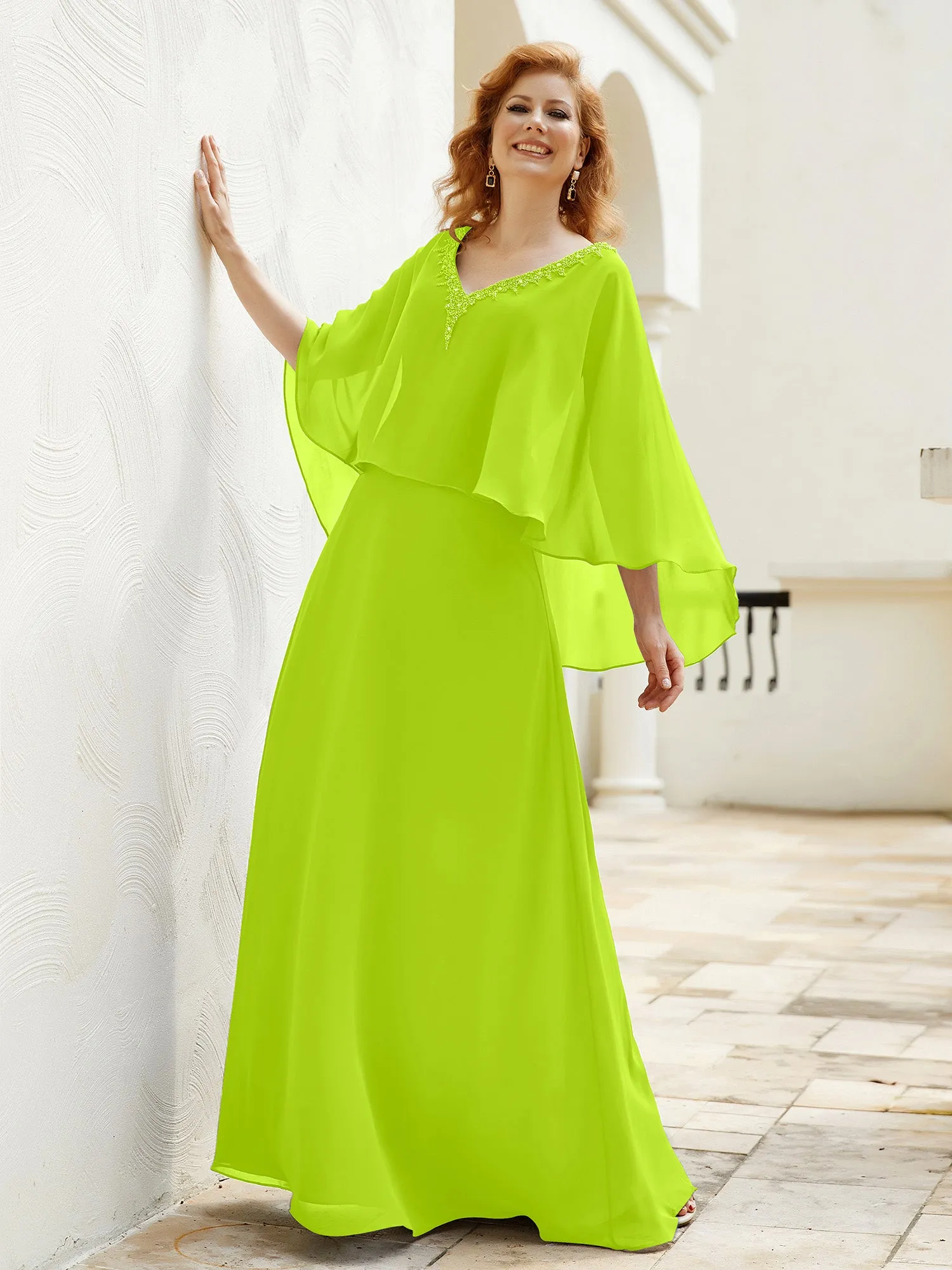 A-Line Flutter Cape Sleeves Dress with Beaded V-neck-Lime Green