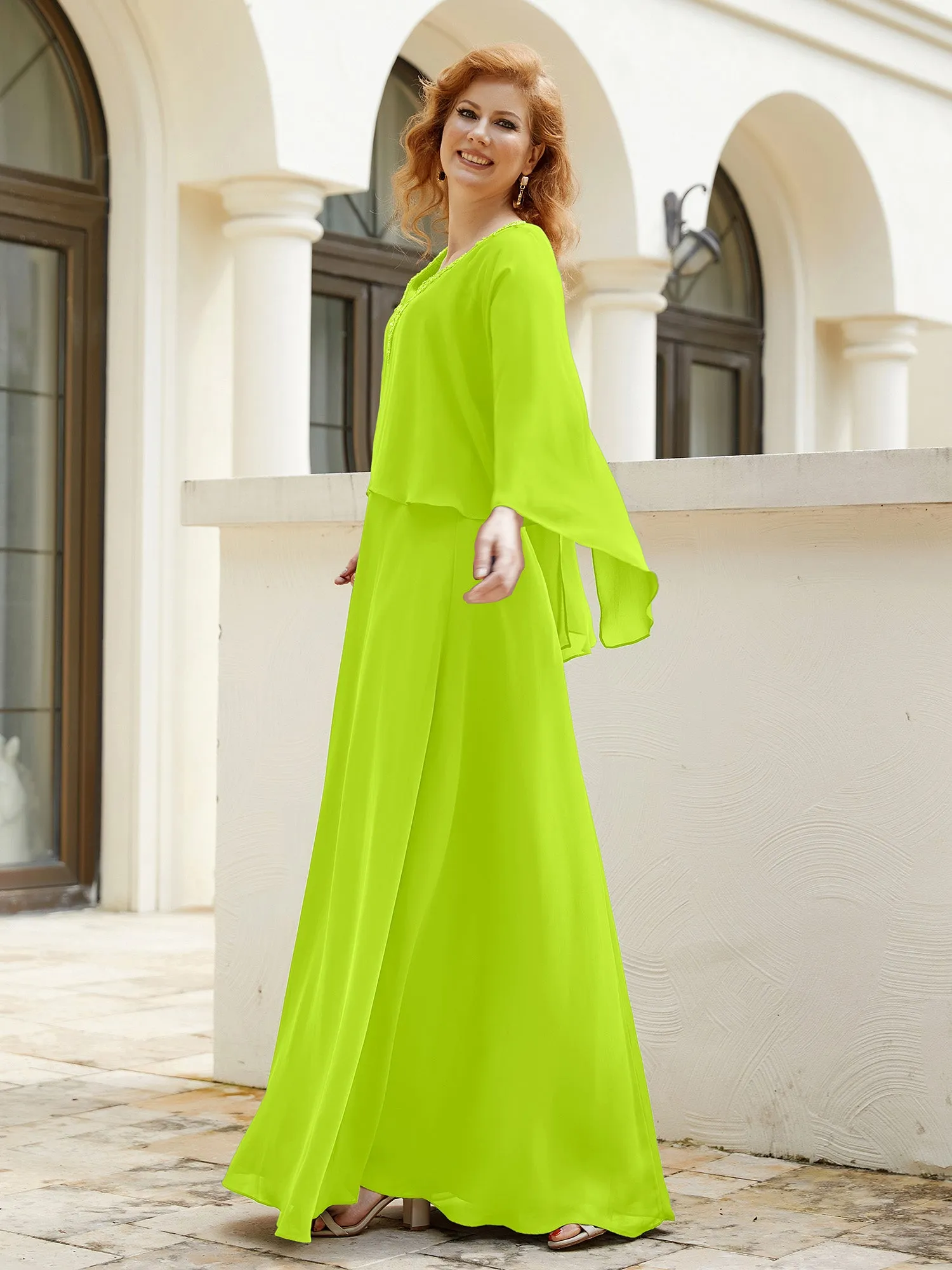 A-Line Flutter Cape Sleeves Dress with Beaded V-neck-Lime Green