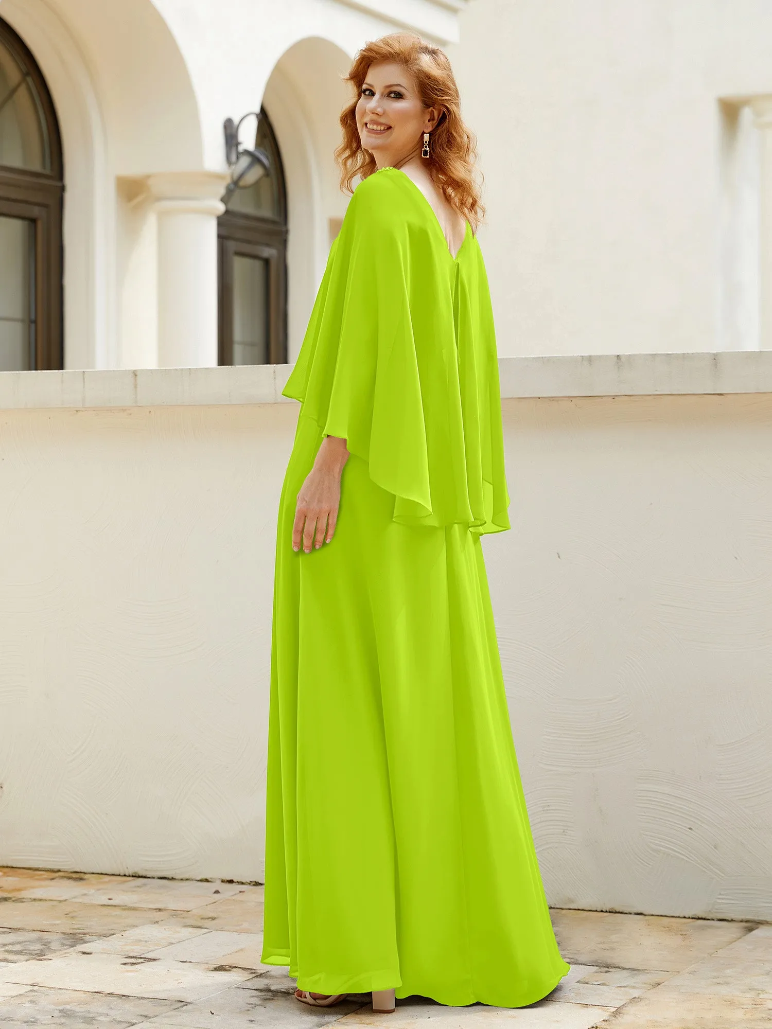 A-Line Flutter Cape Sleeves Dress with Beaded V-neck-Lime Green