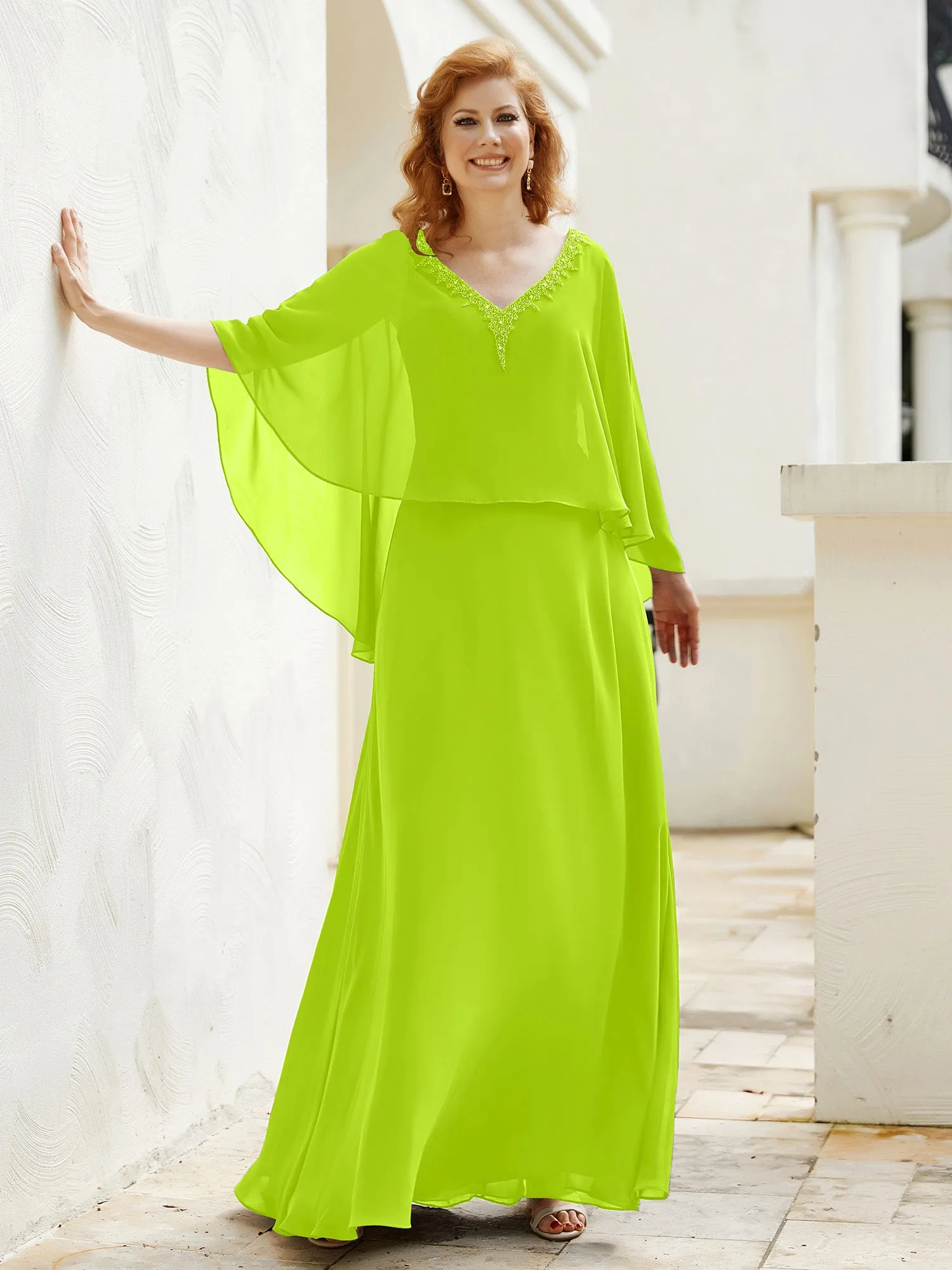 A-Line Flutter Cape Sleeves Dress with Beaded V-neck-Lime Green