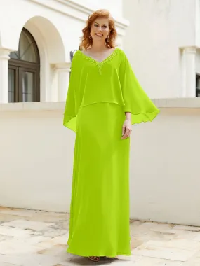 A-Line Flutter Cape Sleeves Dress with Beaded V-neck-Lime Green