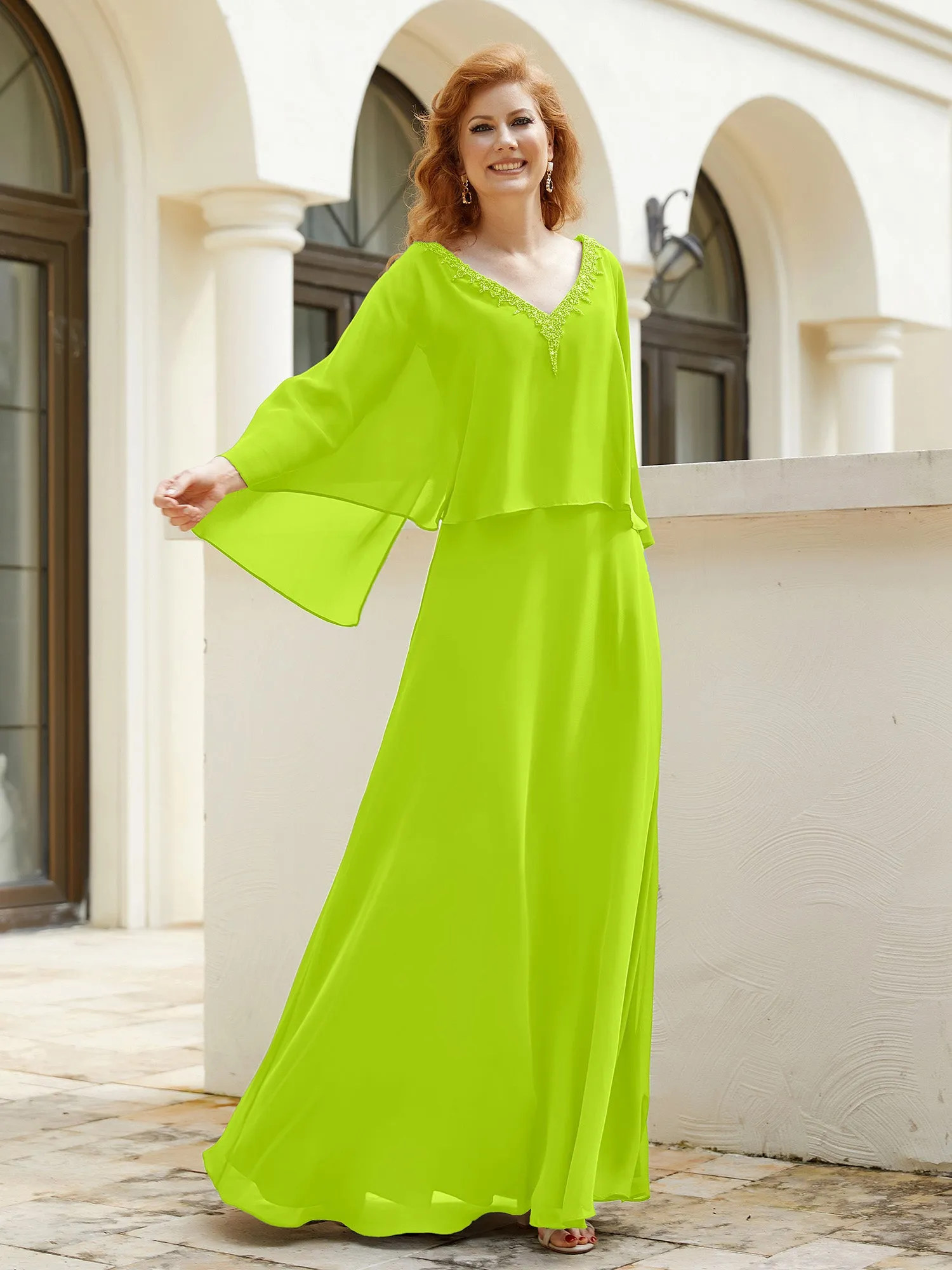 A-Line Flutter Cape Sleeves Dress with Beaded V-neck-Lime Green