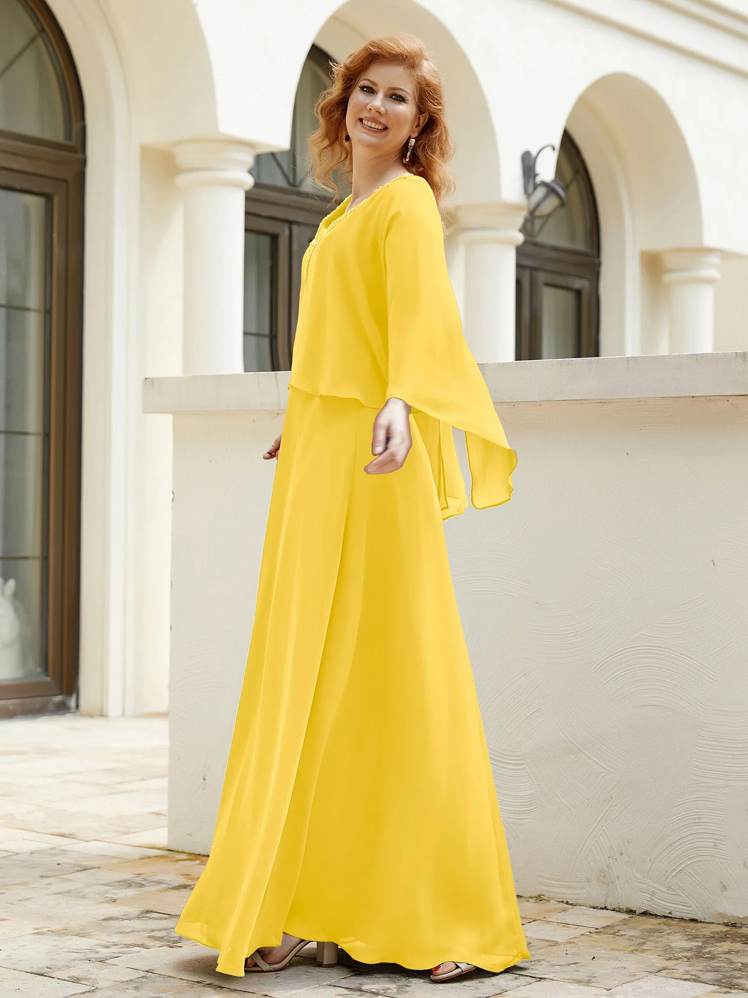 A-Line Flutter Cape Sleeves Dress with Beaded V-neck-Marigold