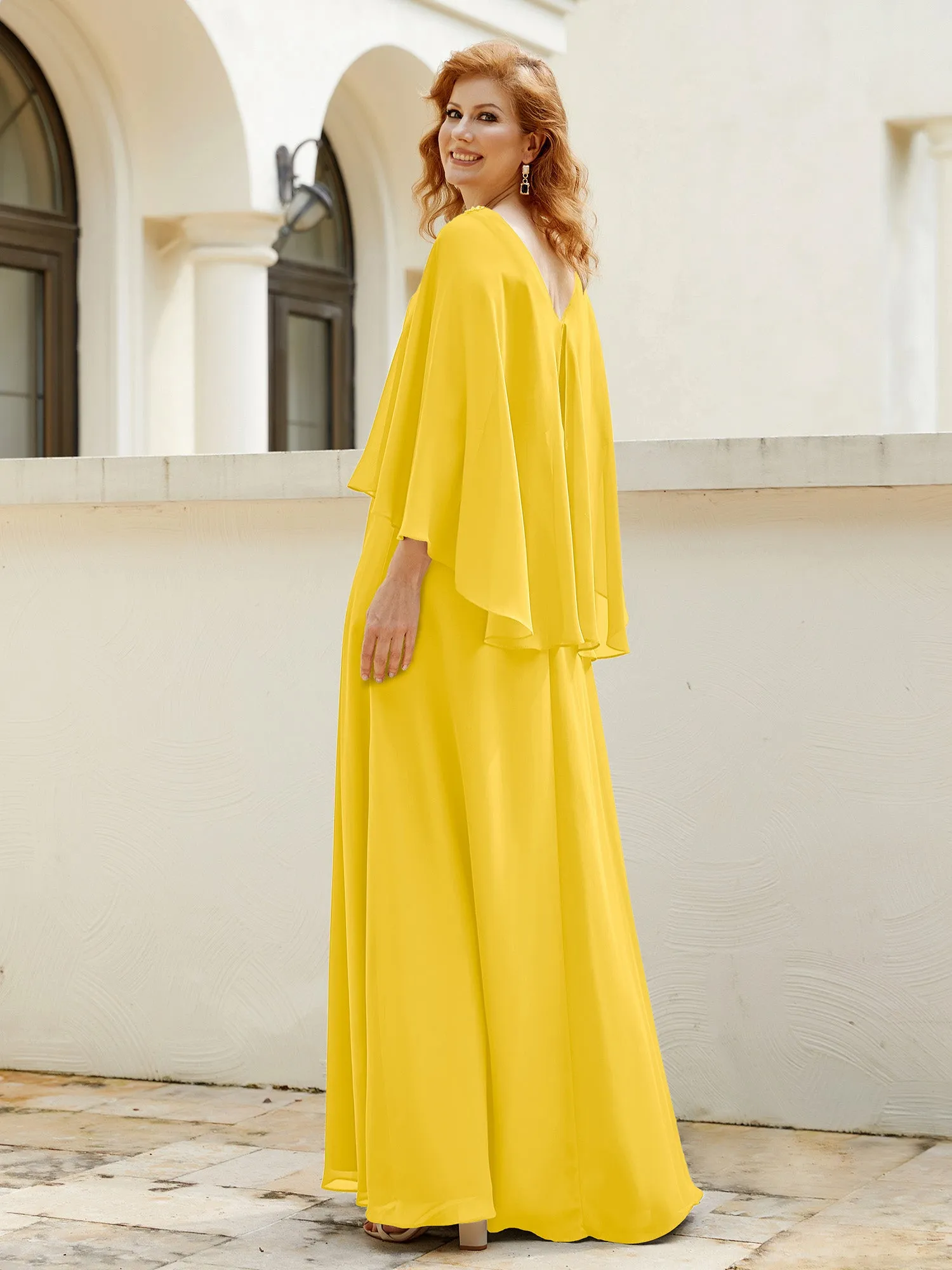 A-Line Flutter Cape Sleeves Dress with Beaded V-neck-Marigold