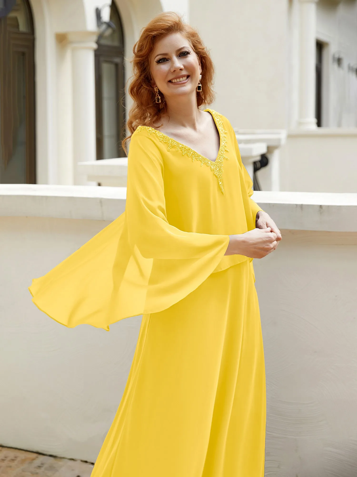 A-Line Flutter Cape Sleeves Dress with Beaded V-neck-Marigold
