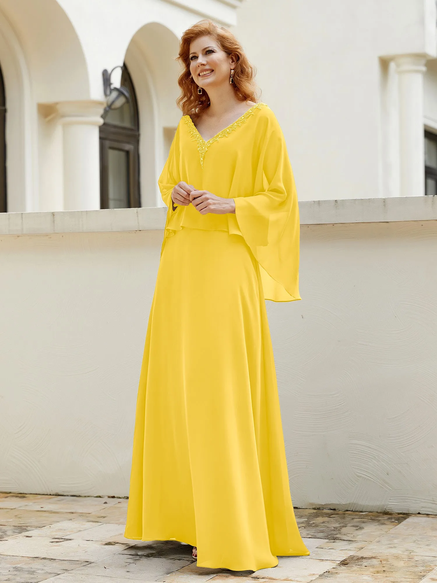 A-Line Flutter Cape Sleeves Dress with Beaded V-neck-Marigold