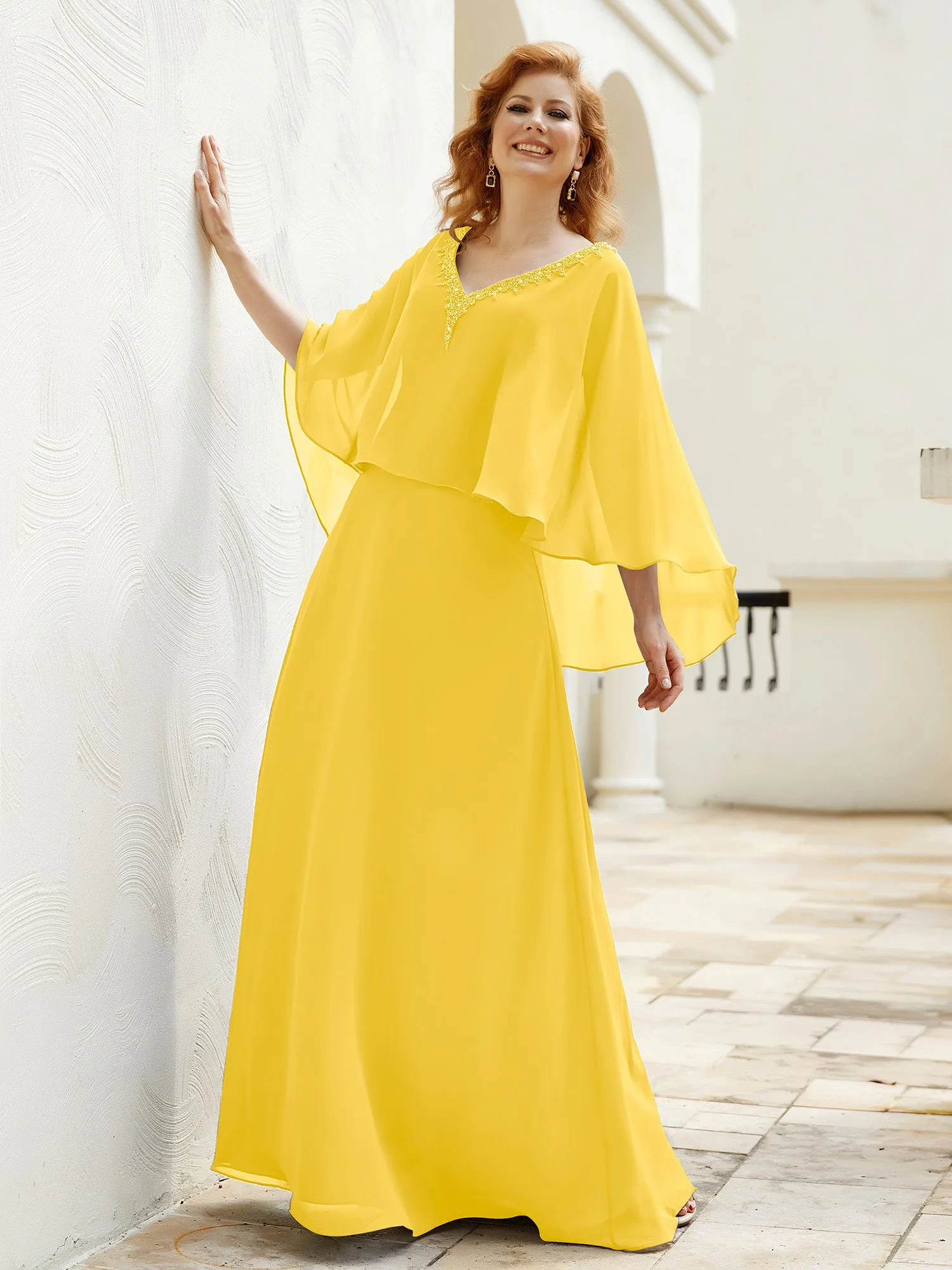 A-Line Flutter Cape Sleeves Dress with Beaded V-neck-Marigold