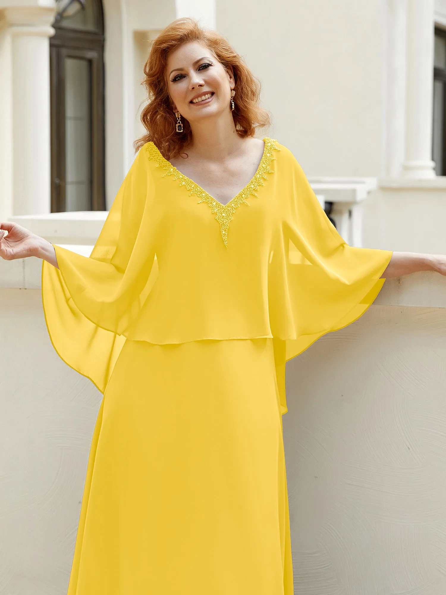A-Line Flutter Cape Sleeves Dress with Beaded V-neck-Marigold