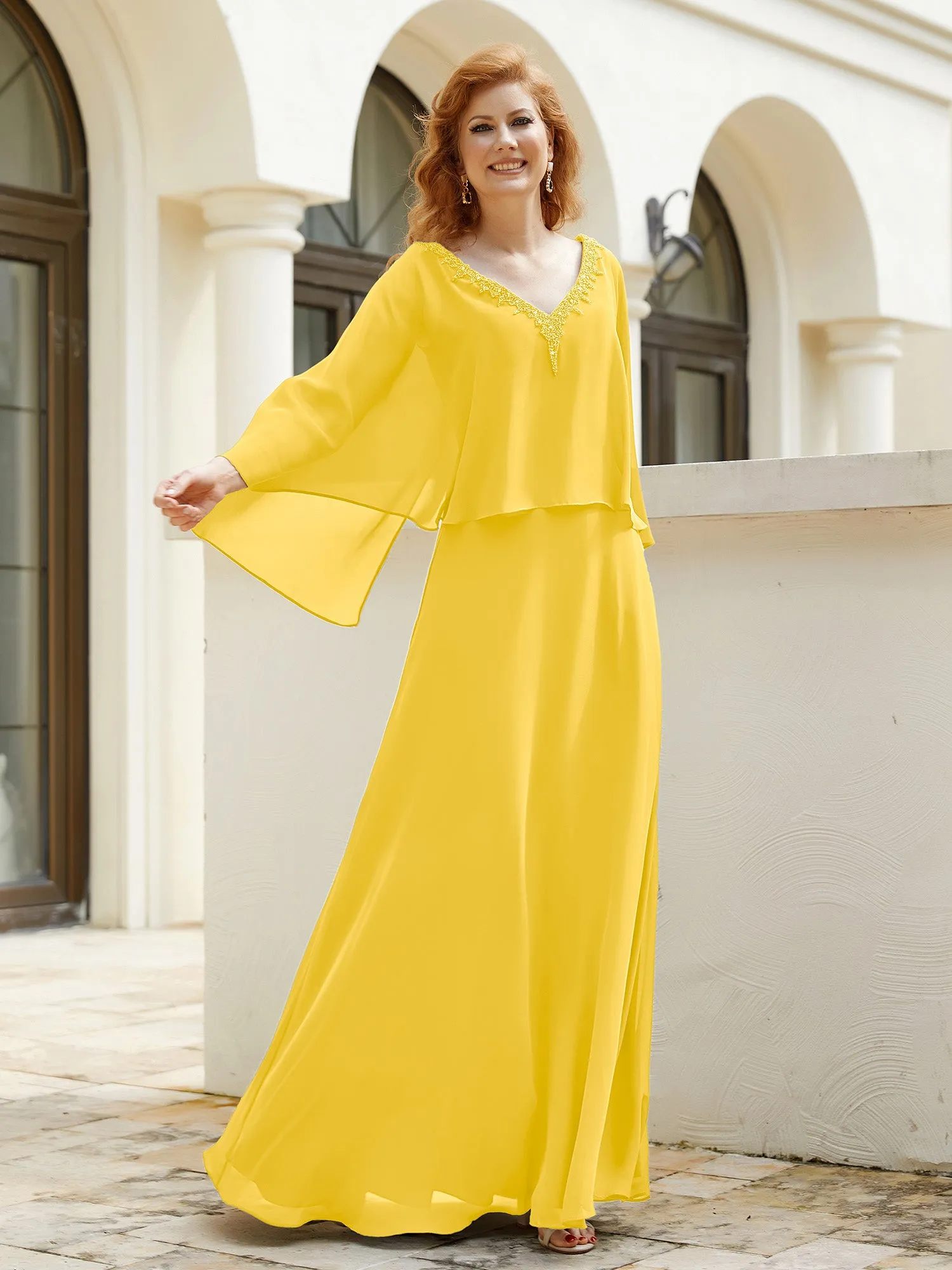 A-Line Flutter Cape Sleeves Dress with Beaded V-neck-Marigold
