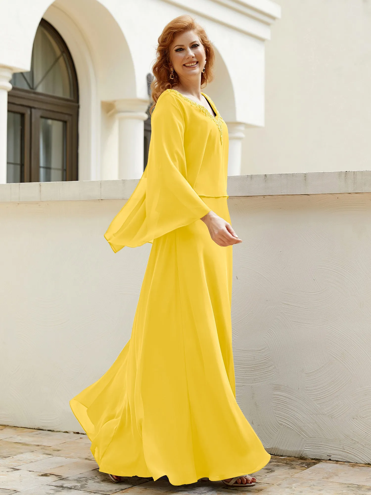 A-Line Flutter Cape Sleeves Dress with Beaded V-neck-Marigold