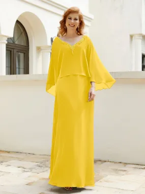 A-Line Flutter Cape Sleeves Dress with Beaded V-neck-Marigold