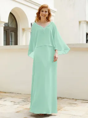 A-Line Flutter Cape Sleeves Dress with Beaded V-neck-Mint Green