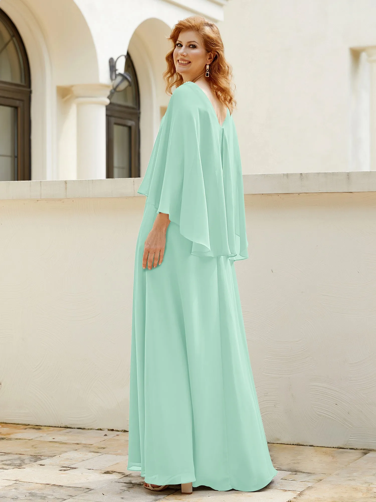 A-Line Flutter Cape Sleeves Dress with Beaded V-neck-Mint Green