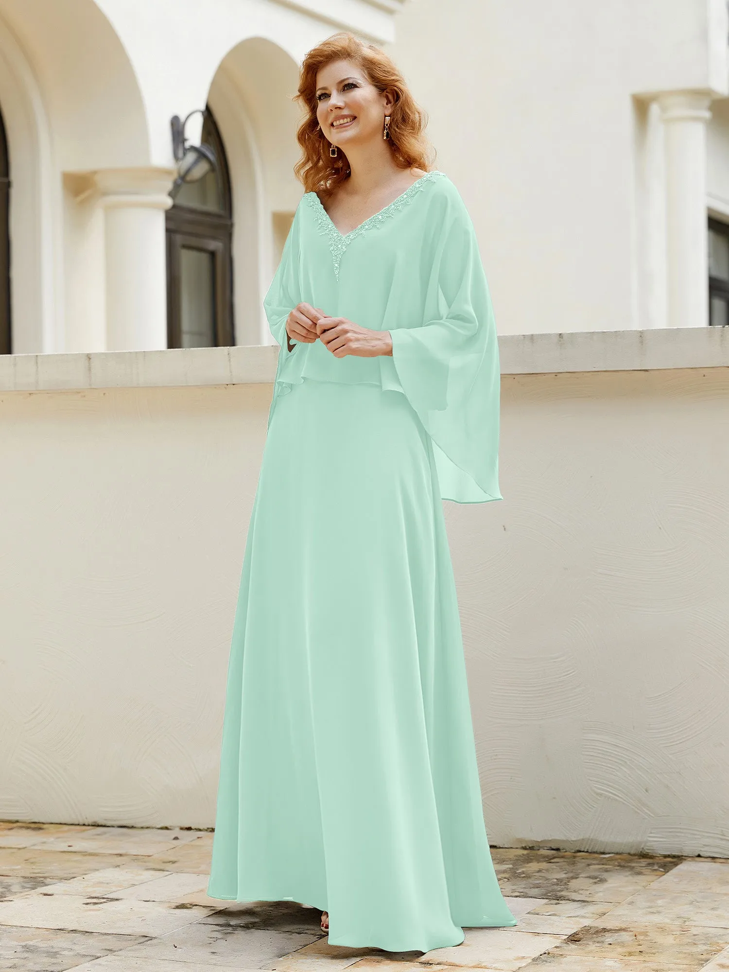 A-Line Flutter Cape Sleeves Dress with Beaded V-neck-Mint Green
