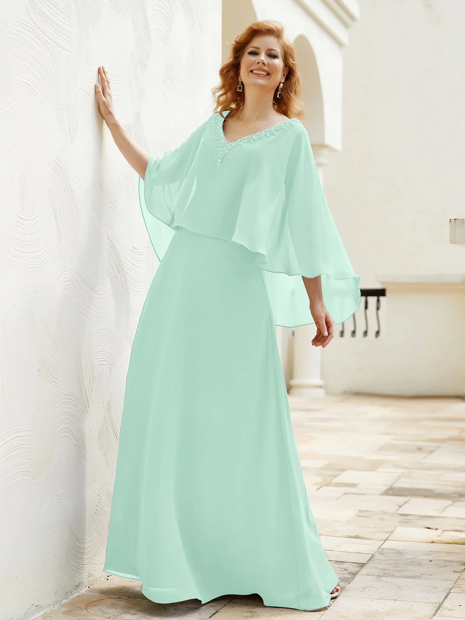 A-Line Flutter Cape Sleeves Dress with Beaded V-neck-Mint Green