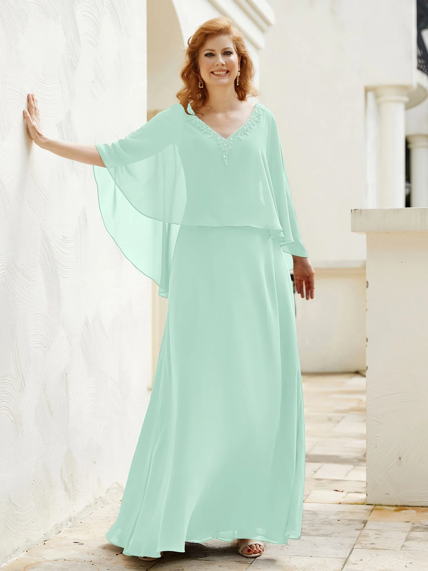 A-Line Flutter Cape Sleeves Dress with Beaded V-neck-Mint Green