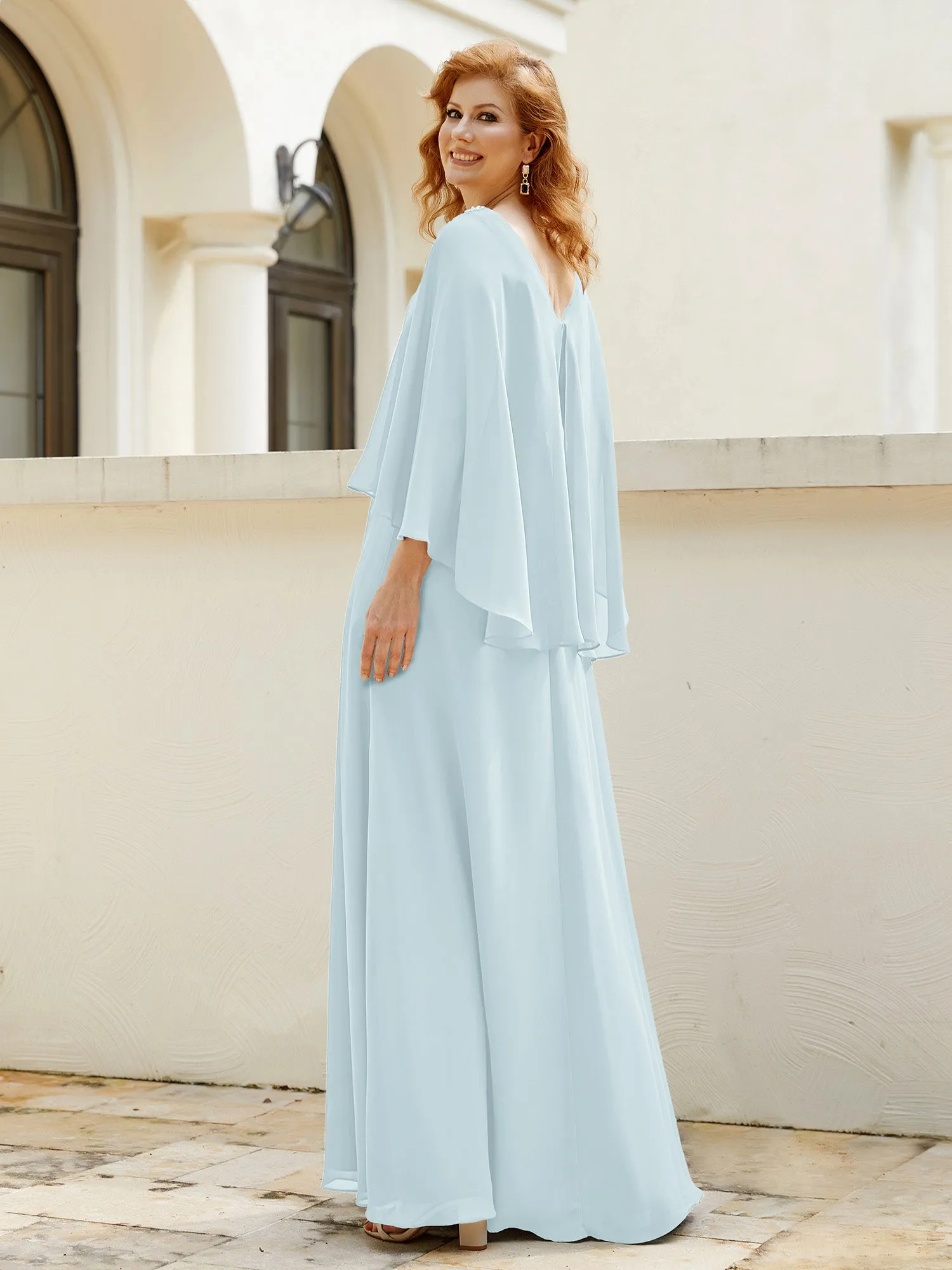 A-Line Flutter Cape Sleeves Dress with Beaded V-neck-Mist