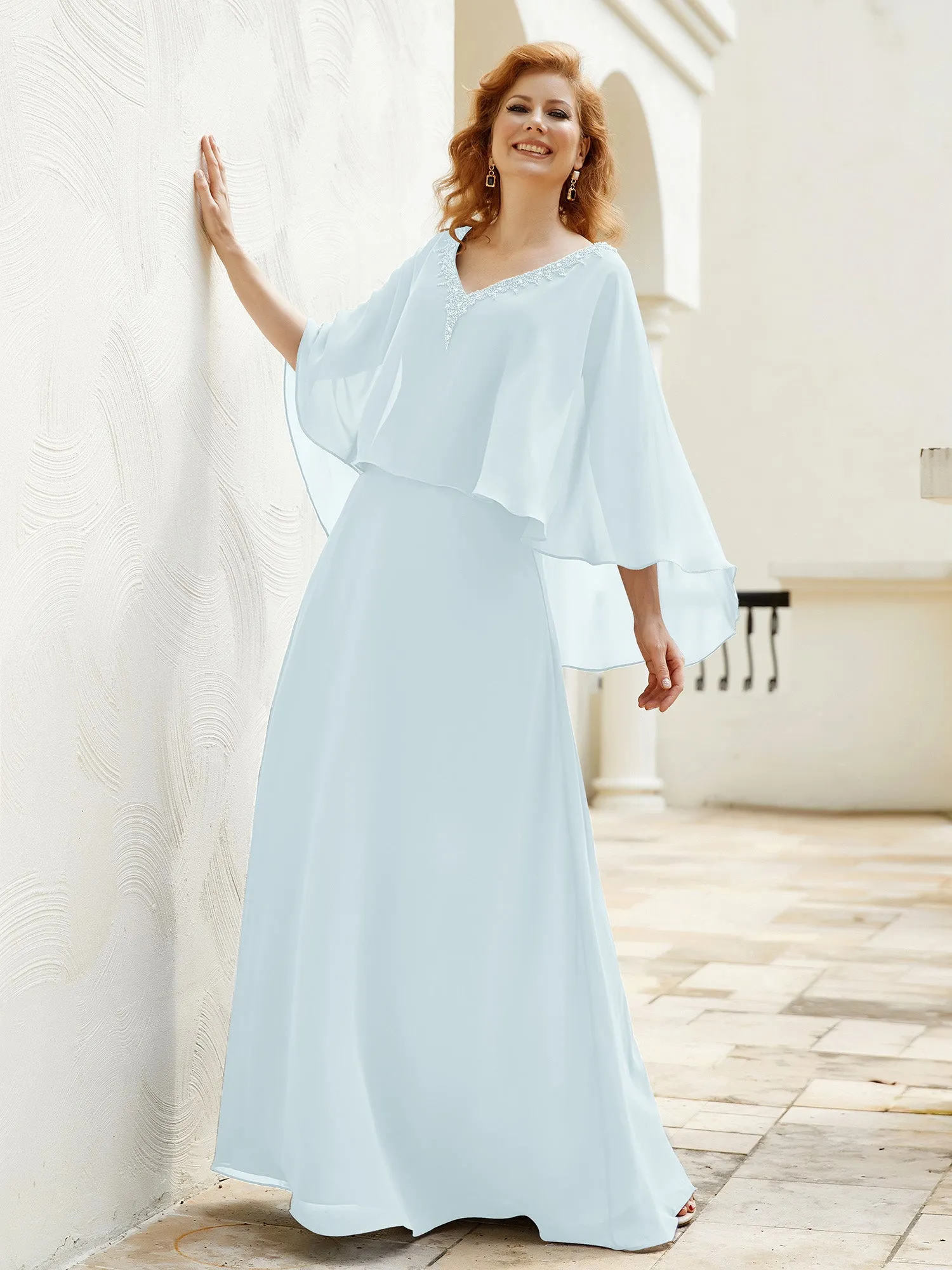 A-Line Flutter Cape Sleeves Dress with Beaded V-neck-Mist