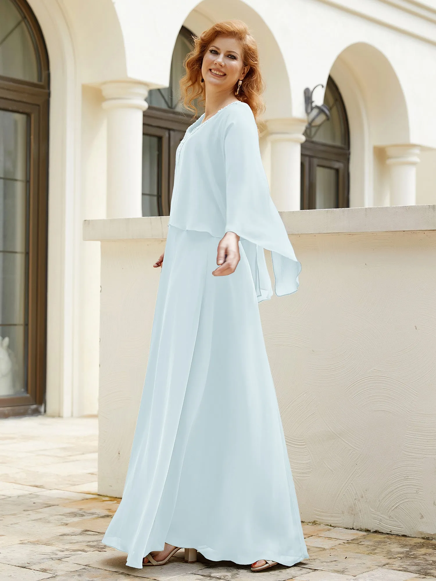 A-Line Flutter Cape Sleeves Dress with Beaded V-neck-Mist
