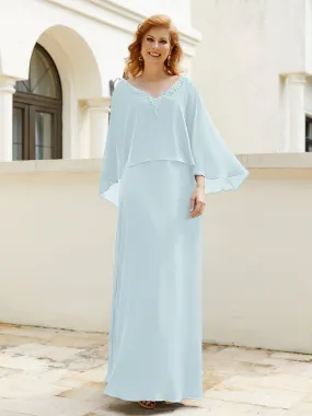 A-Line Flutter Cape Sleeves Dress with Beaded V-neck-Mist
