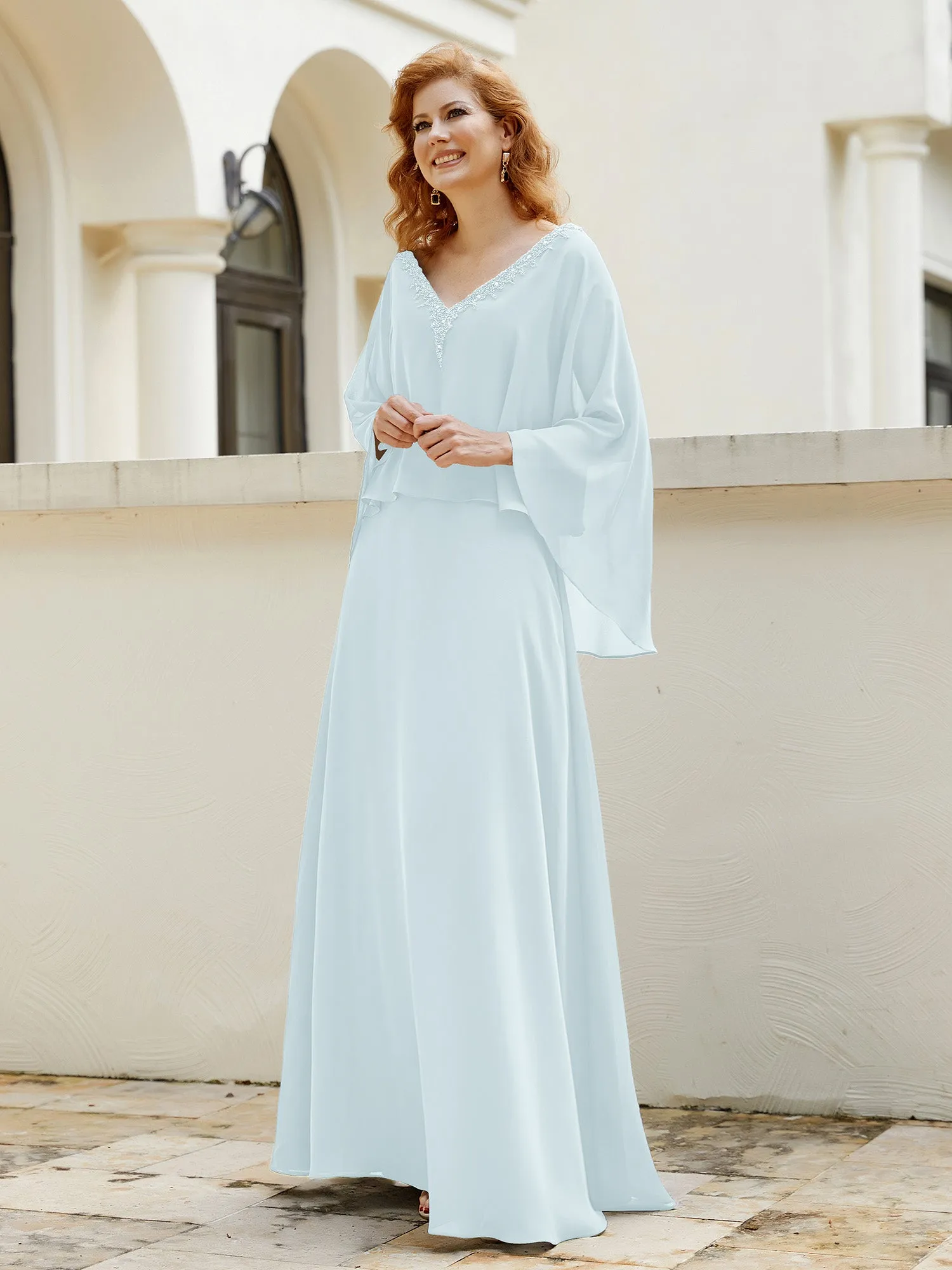 A-Line Flutter Cape Sleeves Dress with Beaded V-neck-Mist