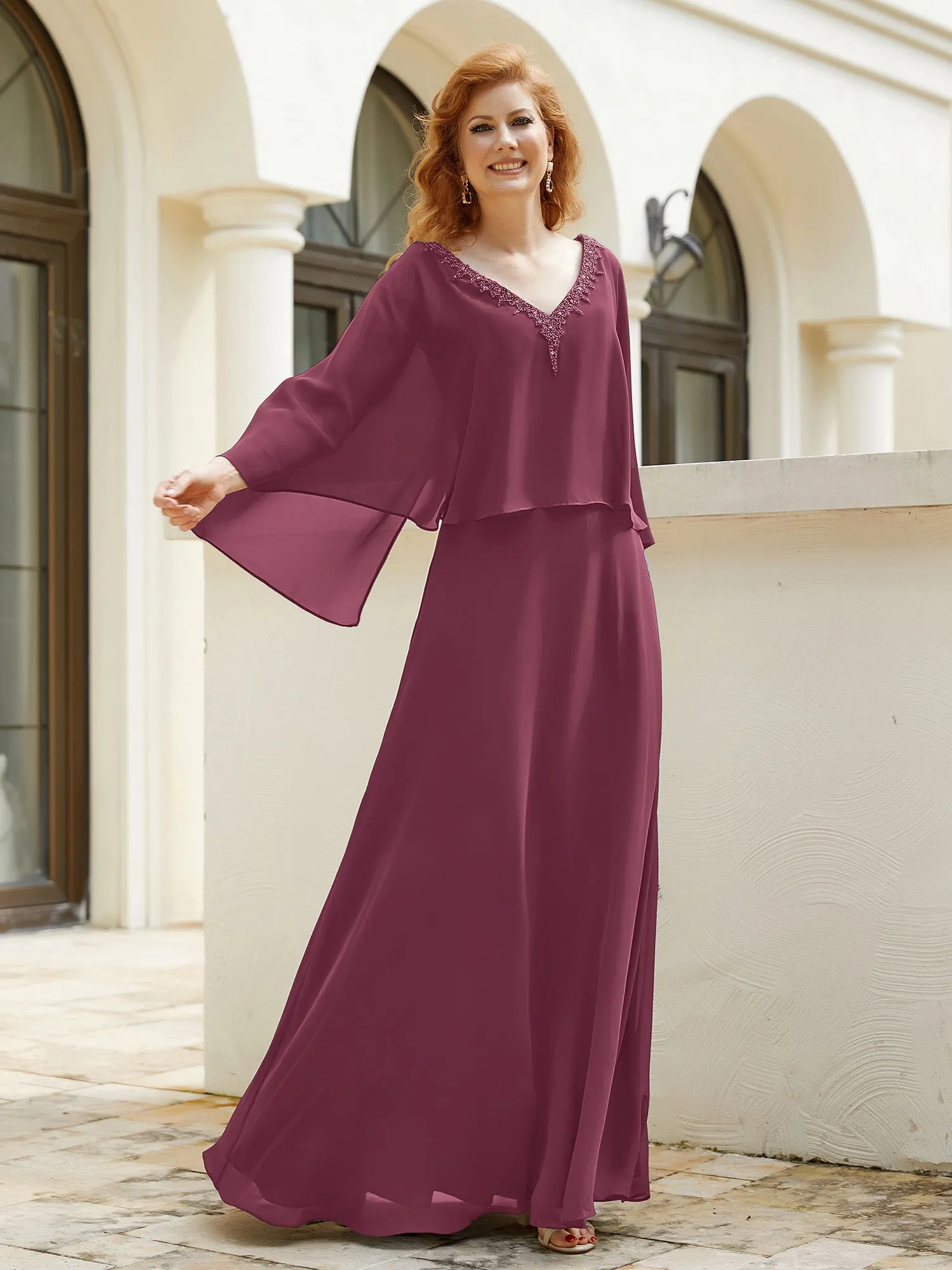 A-Line Flutter Cape Sleeves Dress with Beaded V-neck-Mulberry