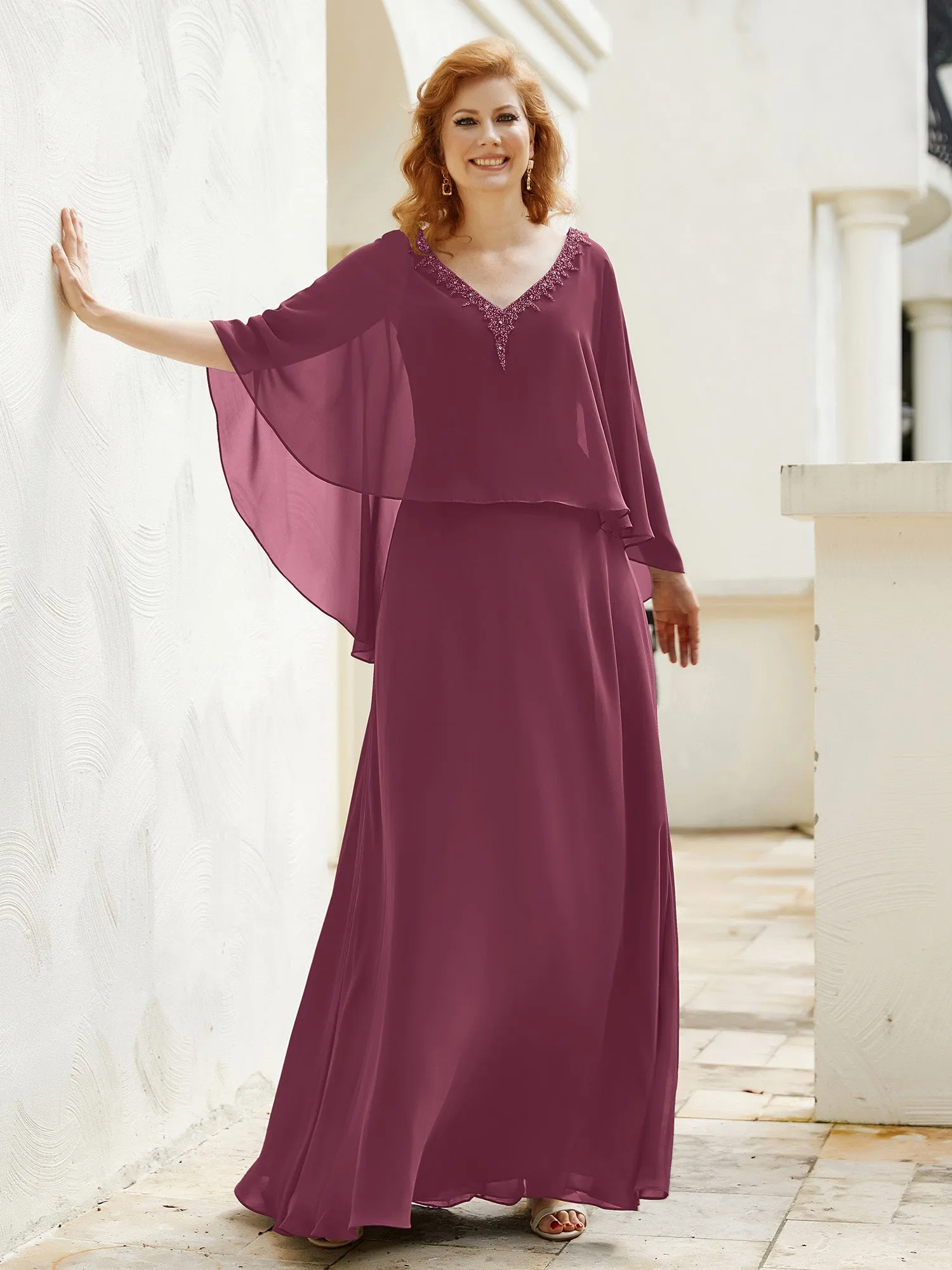 A-Line Flutter Cape Sleeves Dress with Beaded V-neck-Mulberry